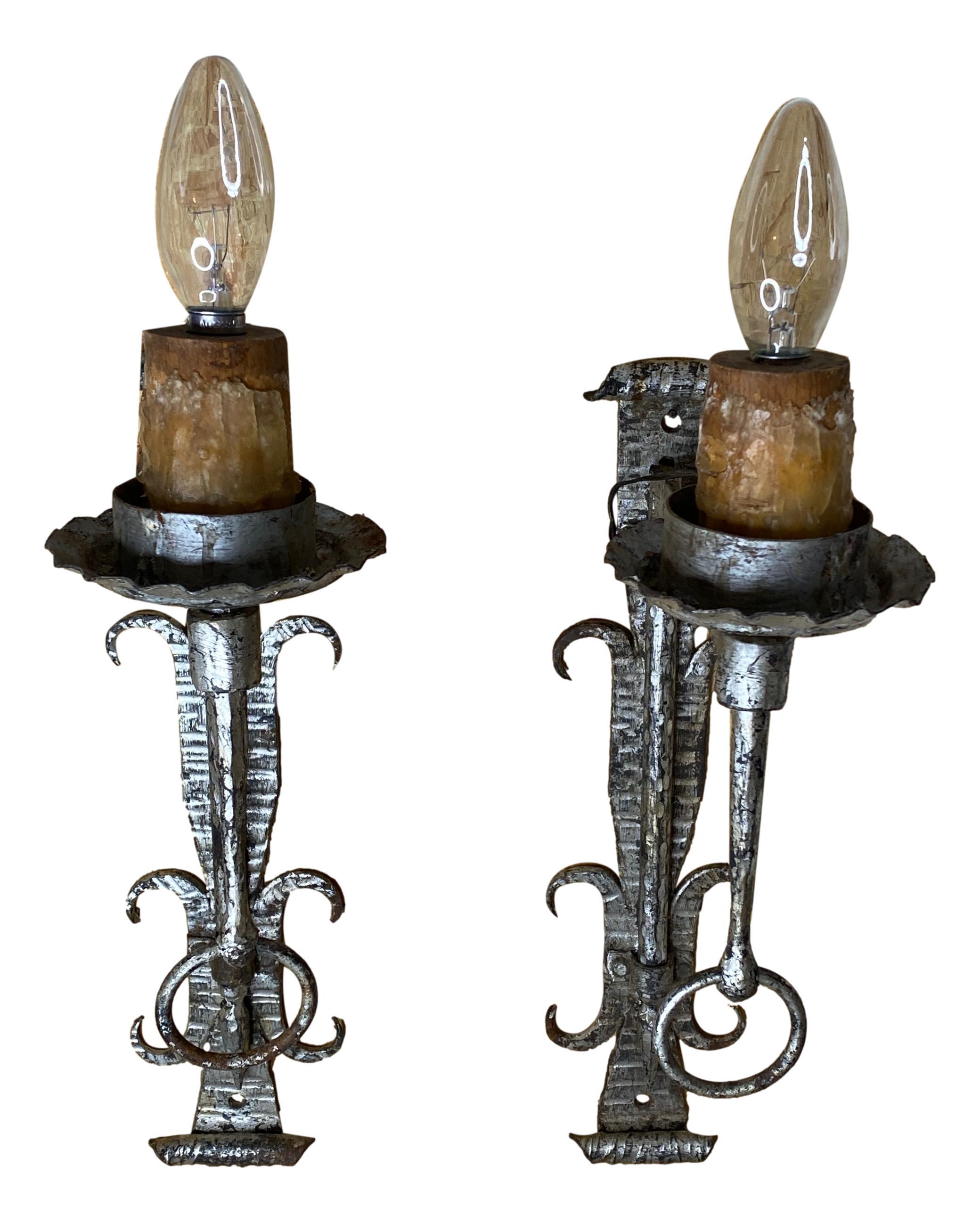 Metal Pair of Brutalist Wrought Iron Sconces 