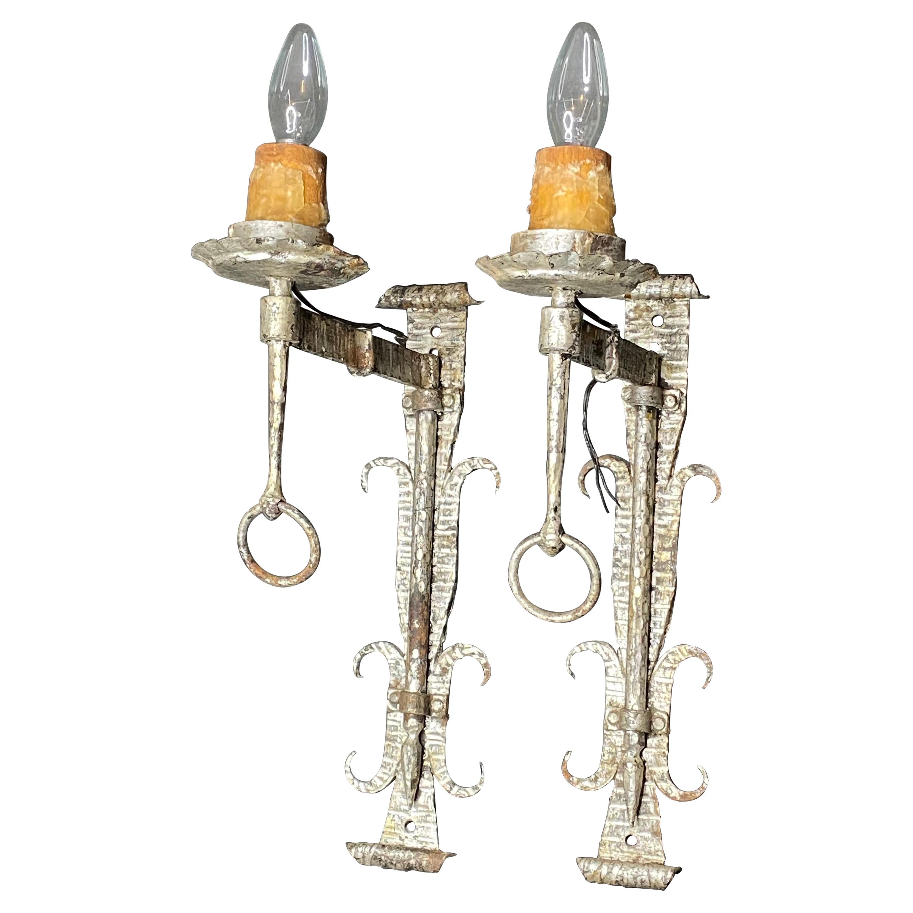 Pair of Brutalist Wrought Iron Sconces "Game of Thrones Style" For Sale