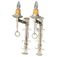 Antique Pair of Brutalist Wrought Iron Sconces "Game of Thrones Style"