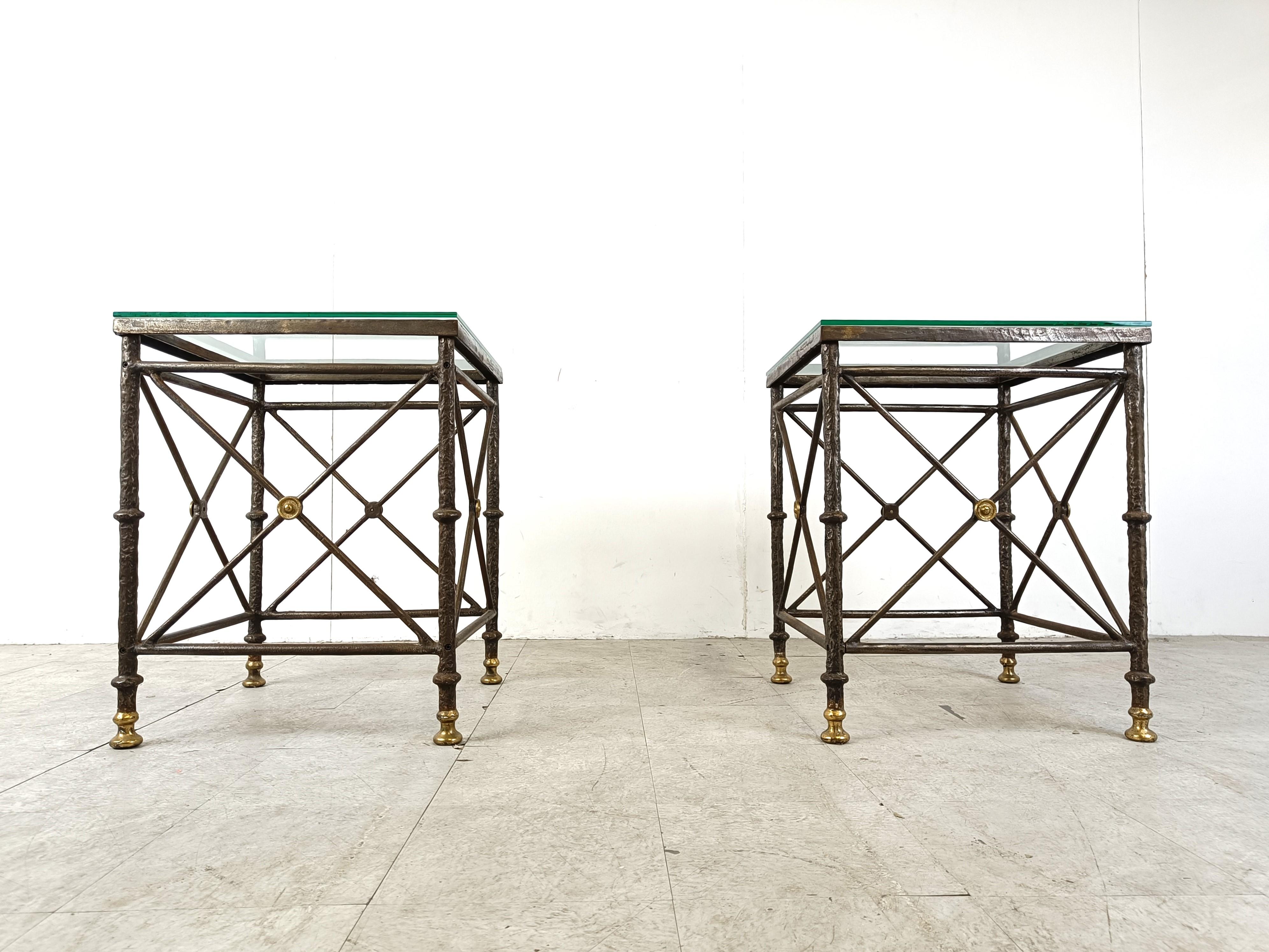 Brutalist Pair of brutalist wrought iron side tables, 1970s For Sale