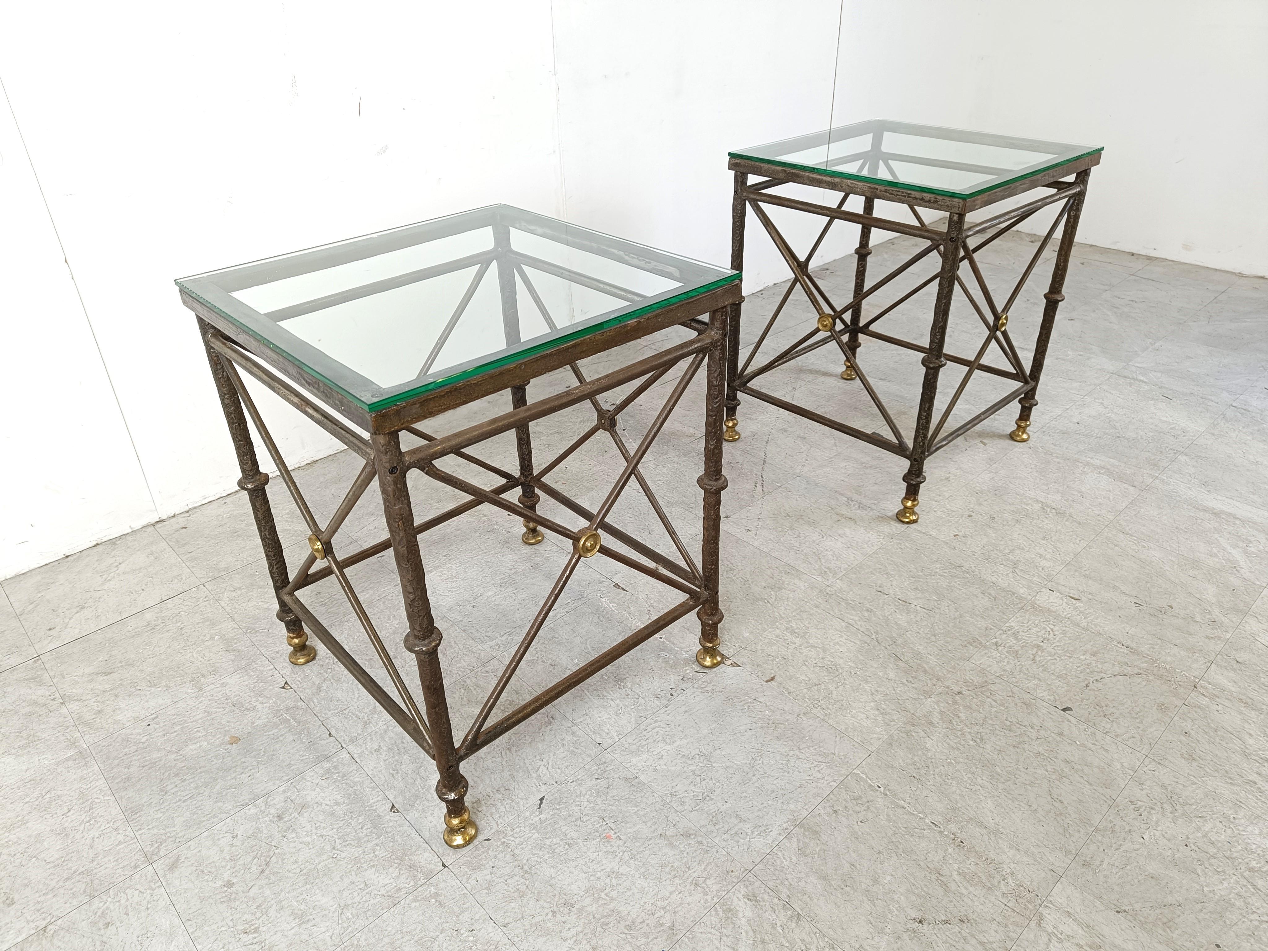 French Pair of brutalist wrought iron side tables, 1970s For Sale