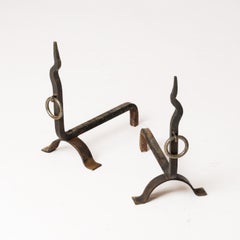 Pair of Brutalist "Zig-Zag" Wrought Iron Andirons - France 1970s