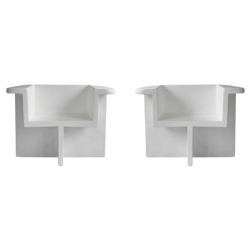 Pair of Brutus Style Armchairs, Contemporary, Bone White, Fiber Concrete.