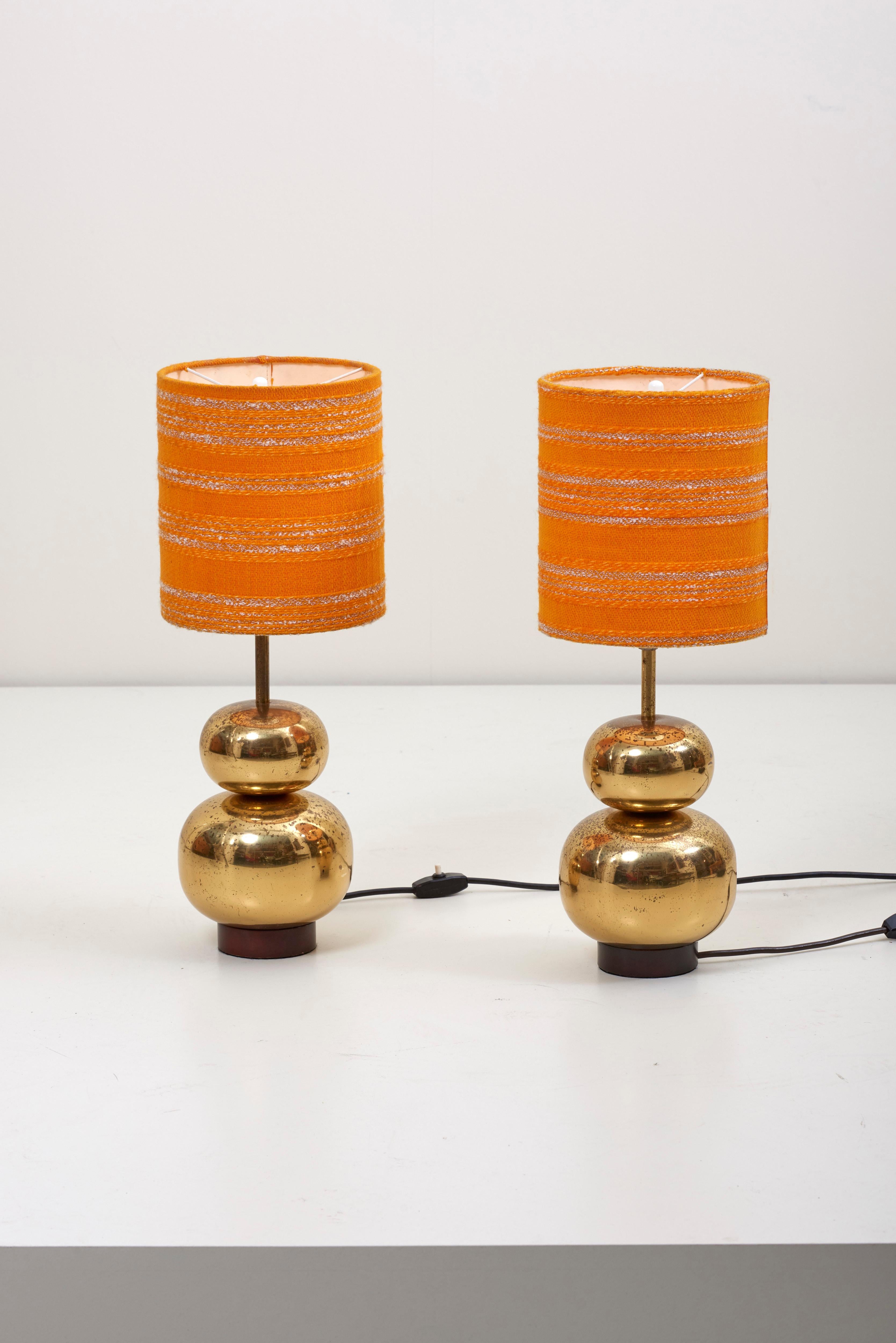 Hollywood Regency Pair of Bubble Brass 1970s Table Lamps with Original Shades