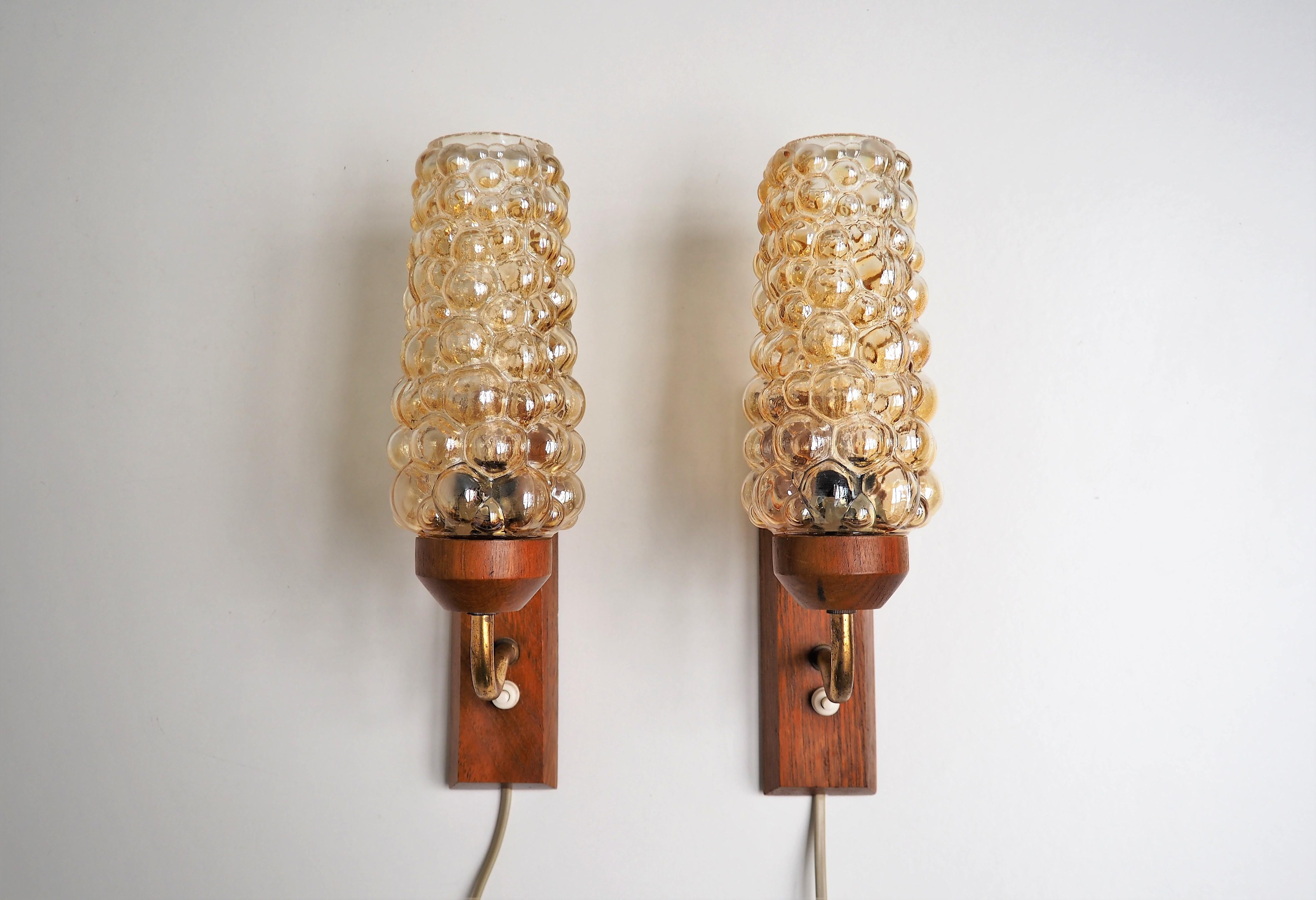 Mid-Century Modern Pair of Bubble Glass Sconces in Helena Tynell Style on Teak Wall Base, 1960s For Sale