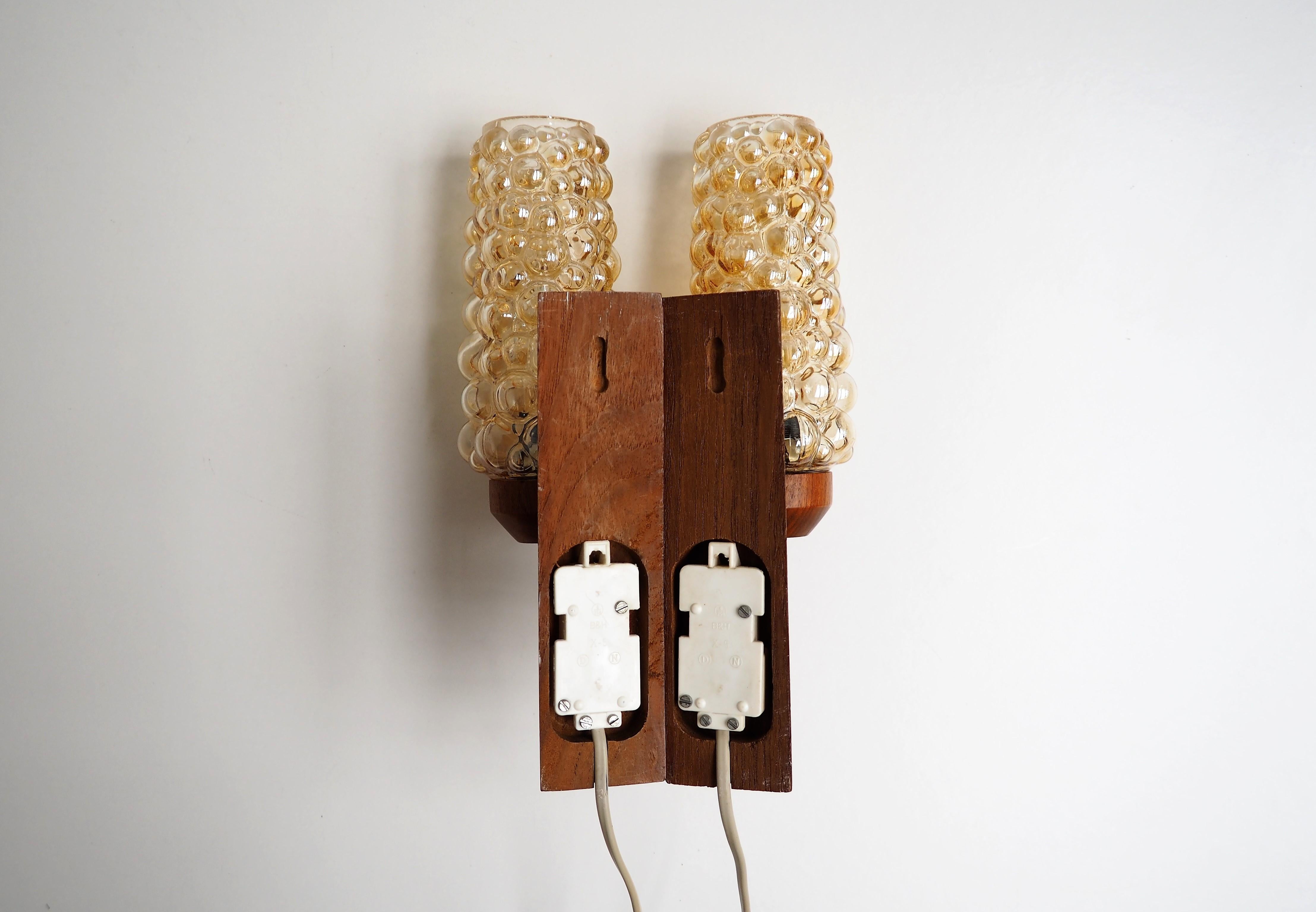 Pair of Bubble Glass Sconces in Helena Tynell Style on Teak Wall Base, 1960s In Good Condition For Sale In Spoettrup, DK