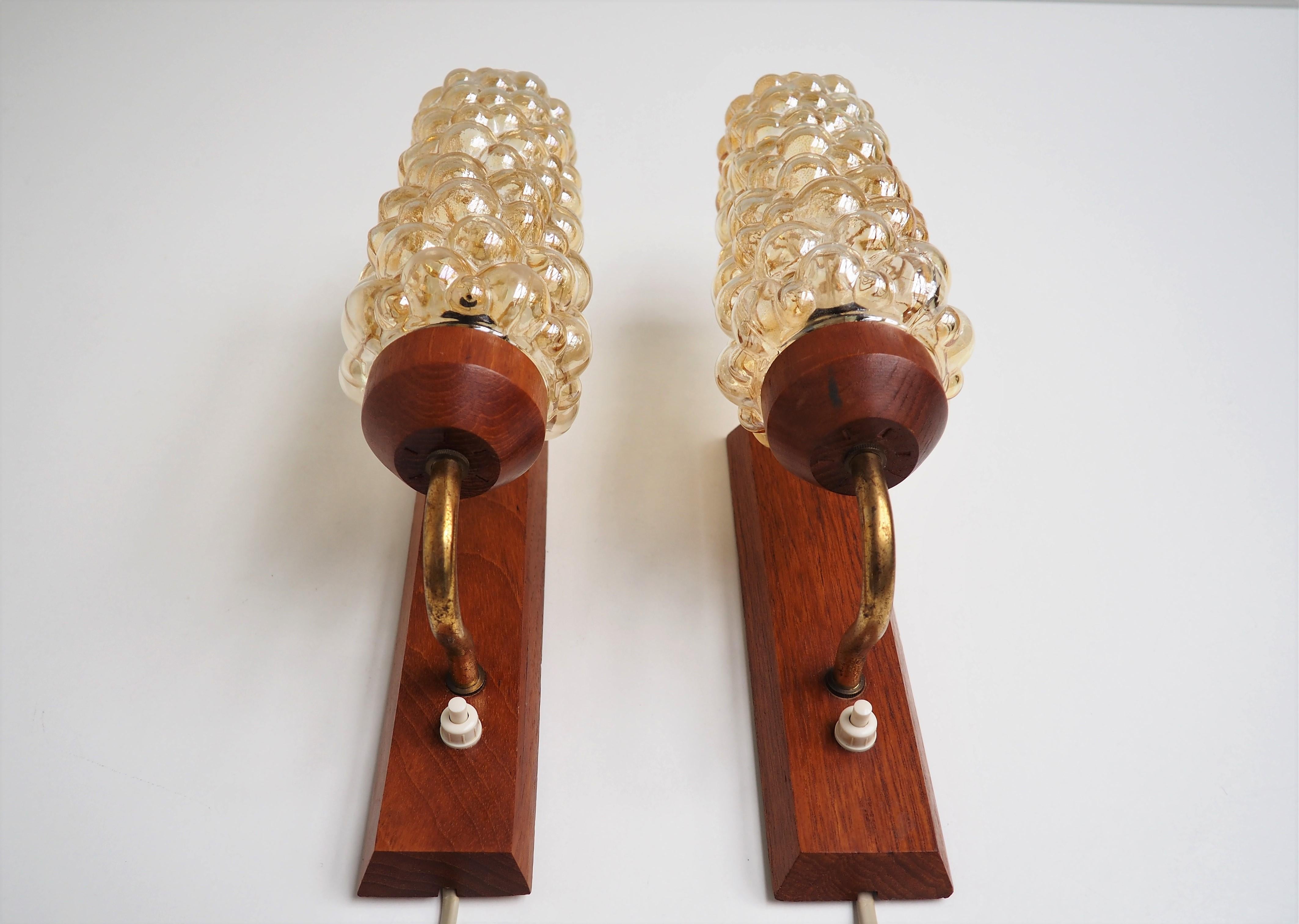 Mid-20th Century Pair of Bubble Glass Sconces in Helena Tynell Style on Teak Wall Base, 1960s For Sale