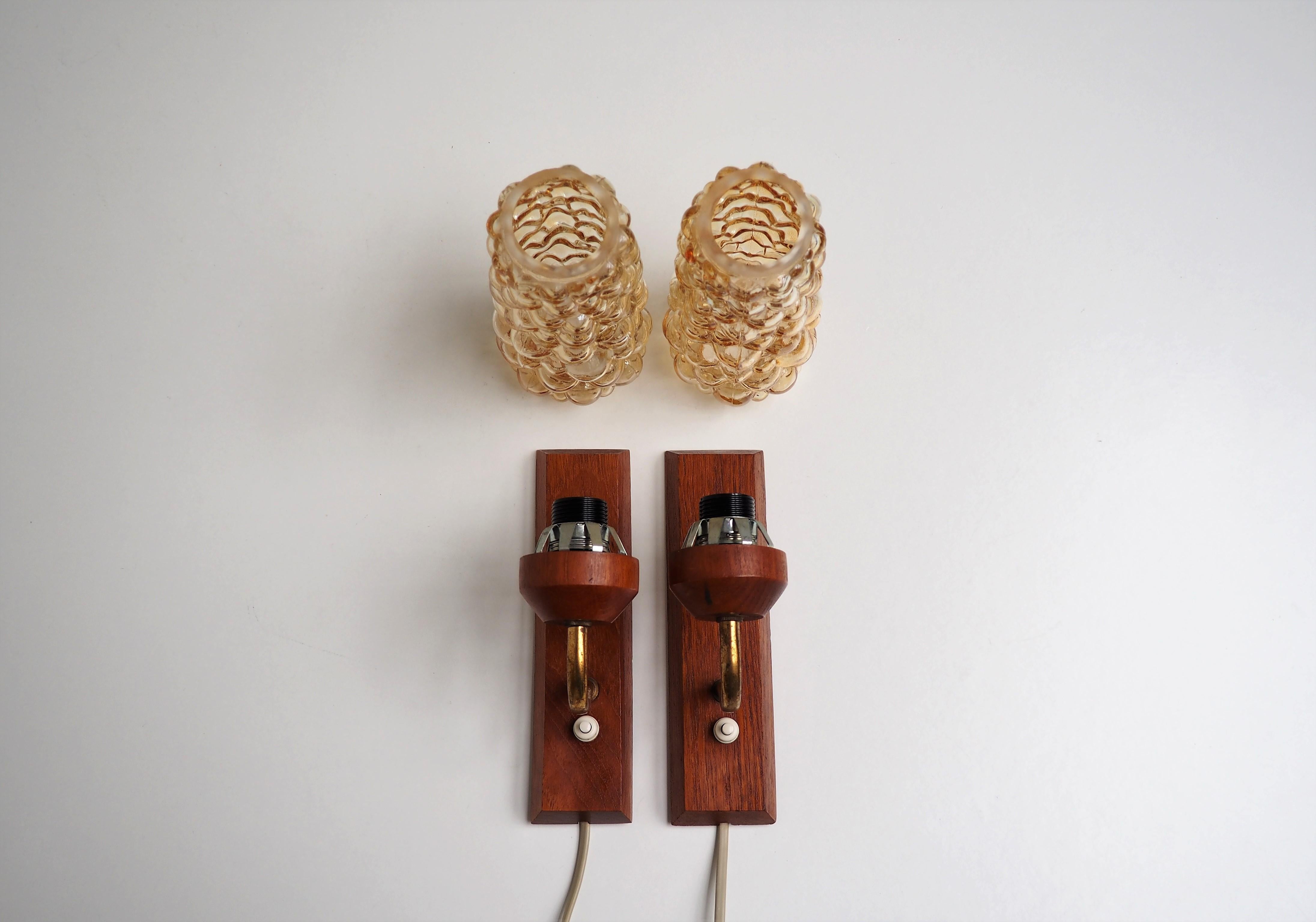 Pair of Bubble Glass Sconces in Helena Tynell Style on Teak Wall Base, 1960s For Sale 2