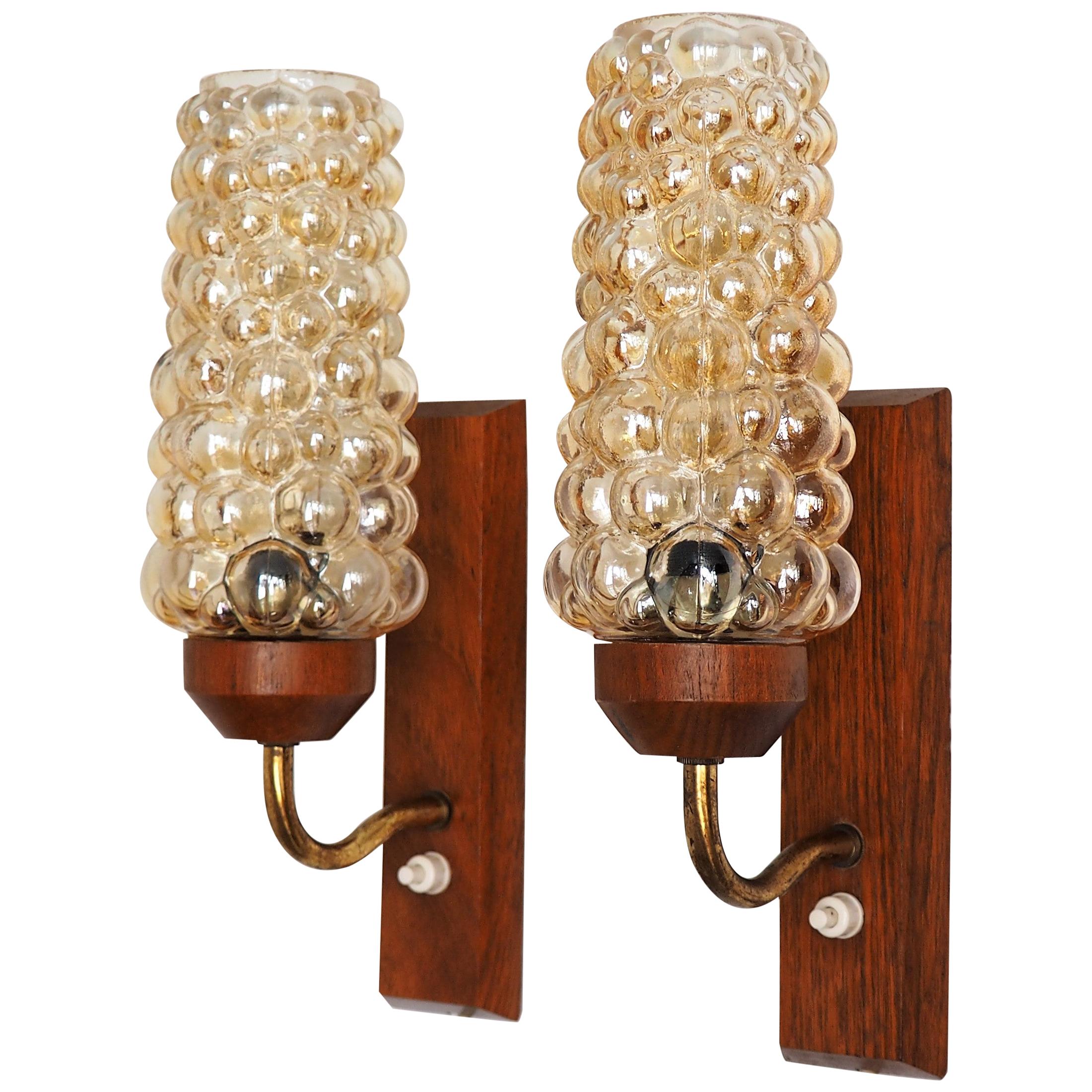 Pair of Bubble Glass Sconces in Helena Tynell Style on Teak Wall Base, 1960s For Sale