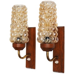 Pair of Bubble Glass Sconces in Helena Tynell Style on Teak Wall Base, 1960s