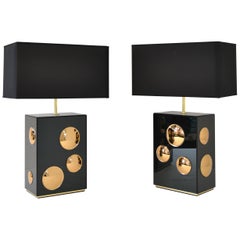 Pair of Bubble Table Lamps in Brass with Colored Mirrors, Handmade in Italy