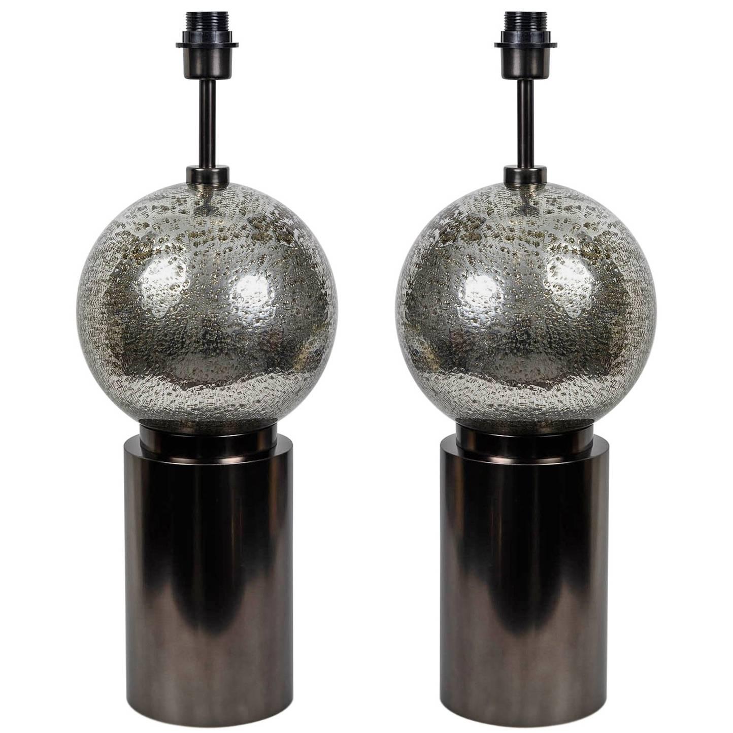  Pair Of Bubbled Glass Table Lamps