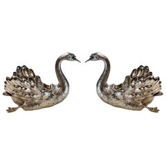 Pair of Buccellati Italian Sterling Silver Large Swan Bowls