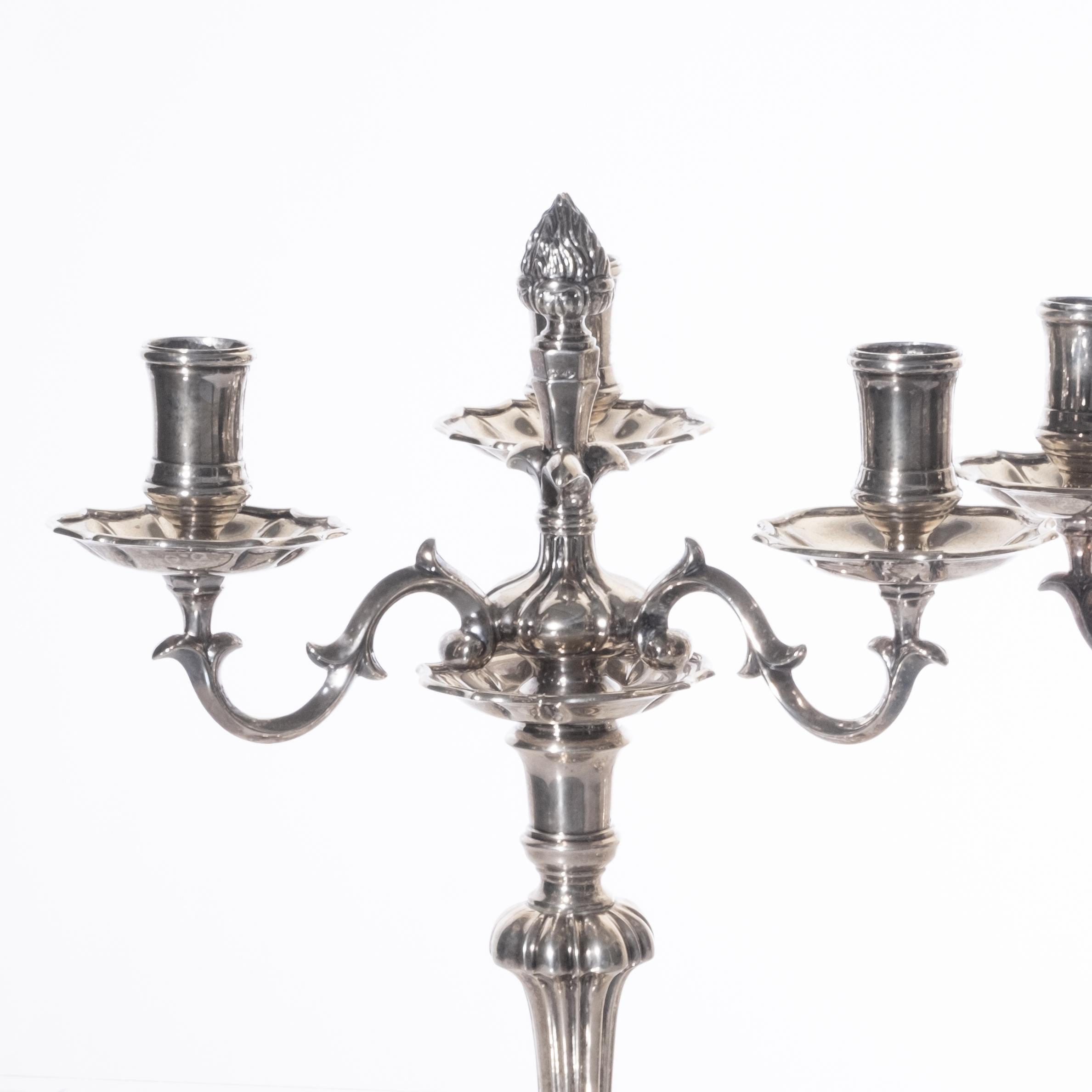Fine Pair of Buccellati Signed Italian Silver 3 lite Candelabra convertible to single candle sticks. flame finial Stamped partially worn signature Mario Buccellati, Made in Italy, 800. Weighs 81.3 oz