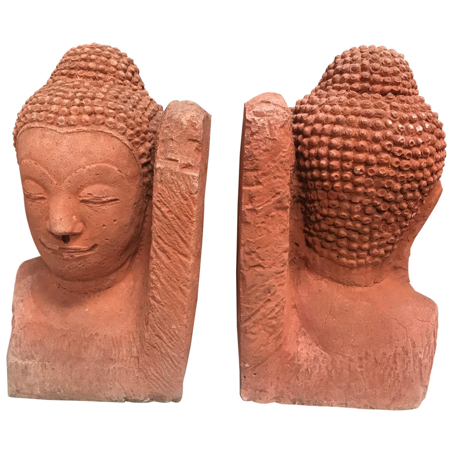 Pair of Buddha Heads Terracota Bookends