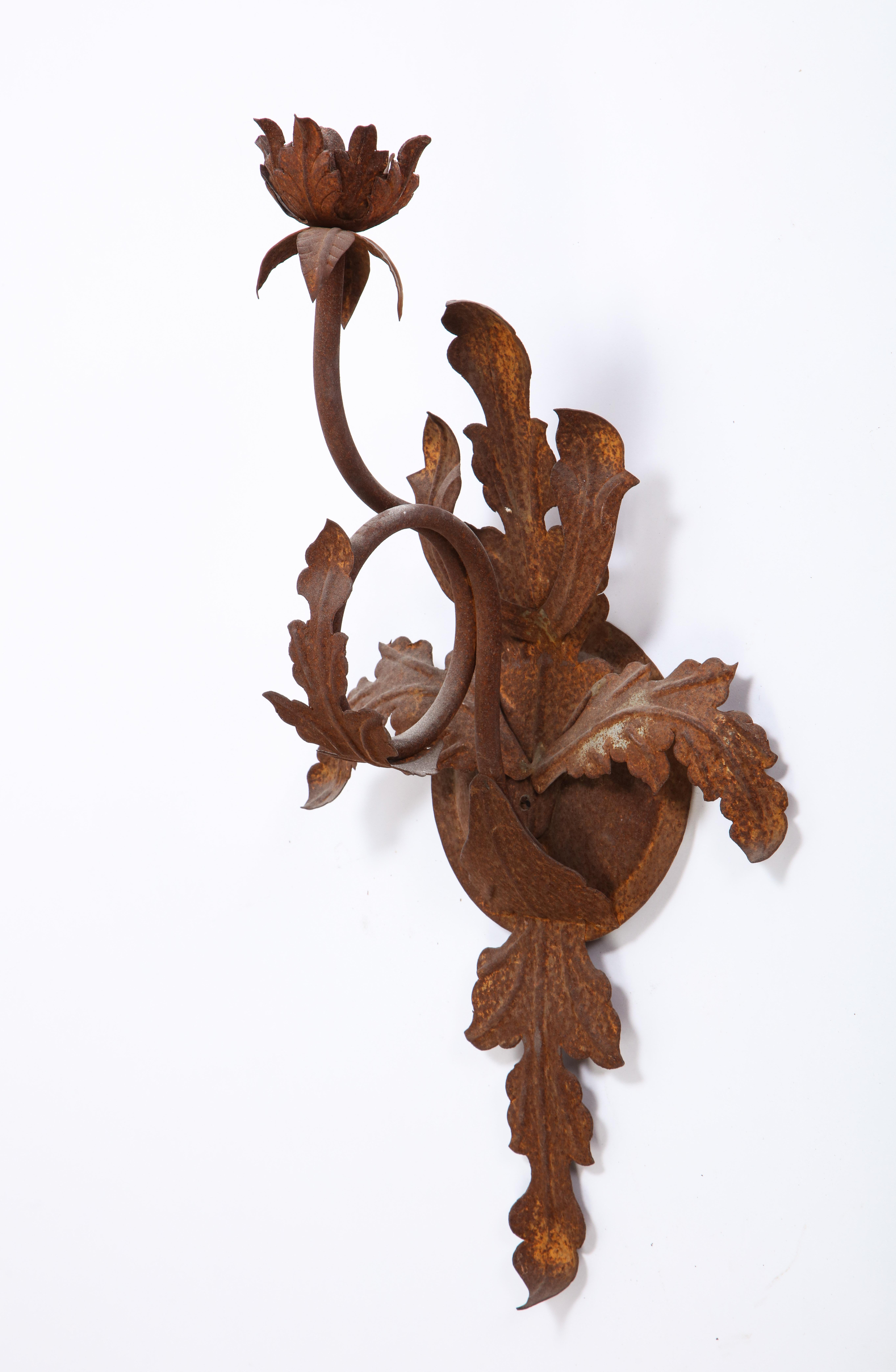 Pair of Budding Flower Wrought-Iron Sconces, 20th Century For Sale 6