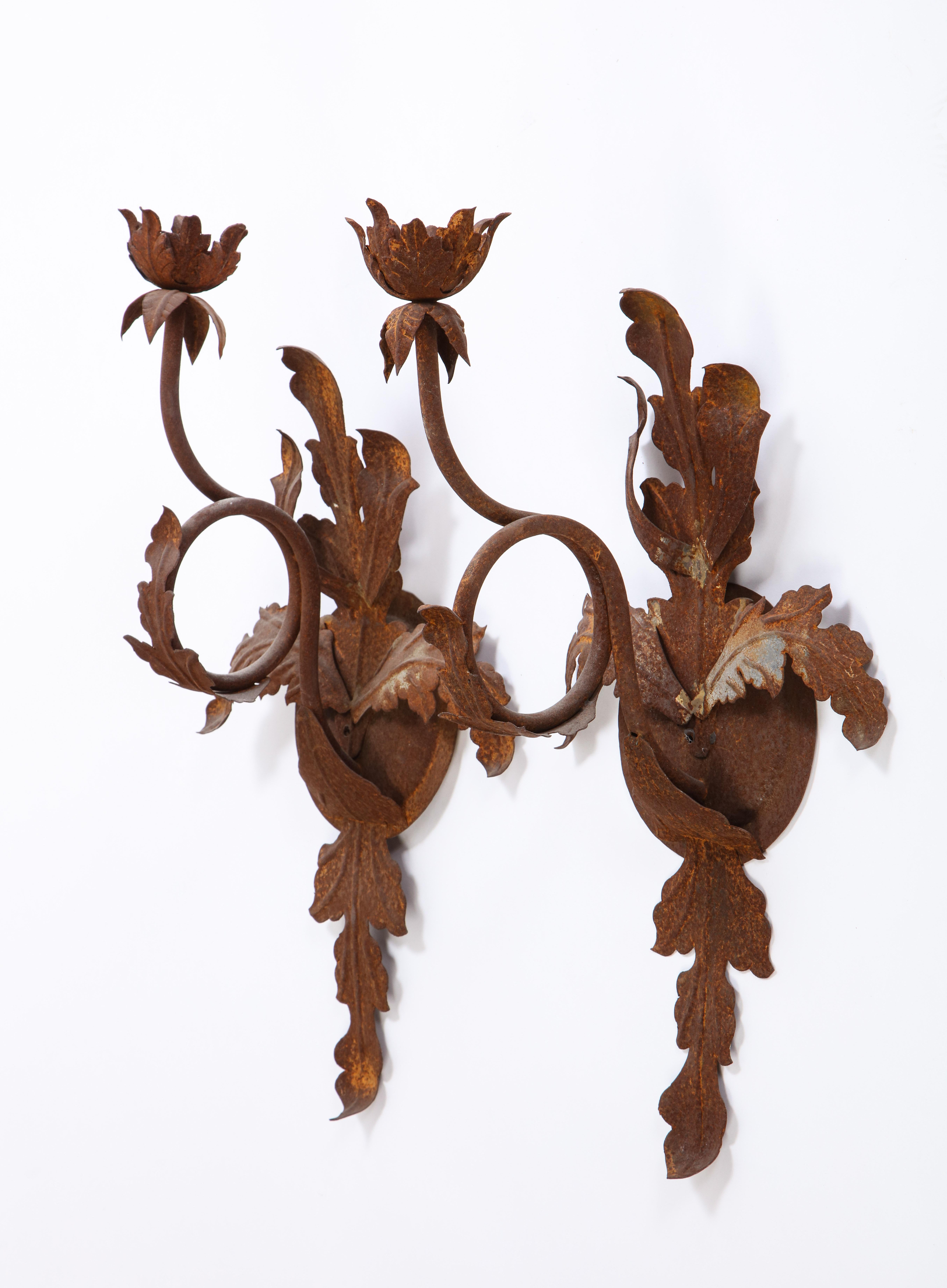 Pair of Budding Flower Wrought-Iron Sconces, 20th Century In Good Condition For Sale In New York, NY