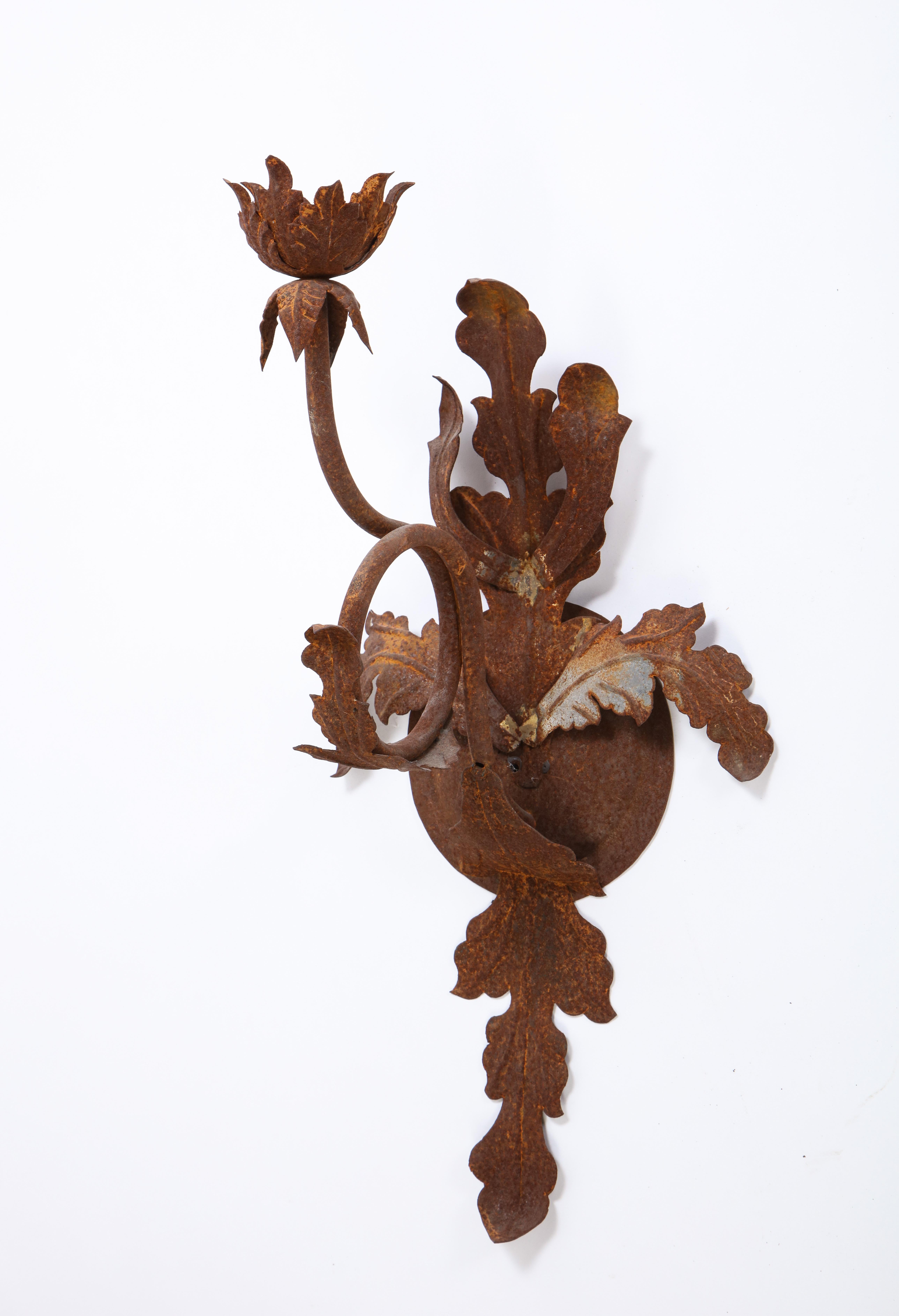 Pair of Budding Flower Wrought-Iron Sconces, 20th Century For Sale 1