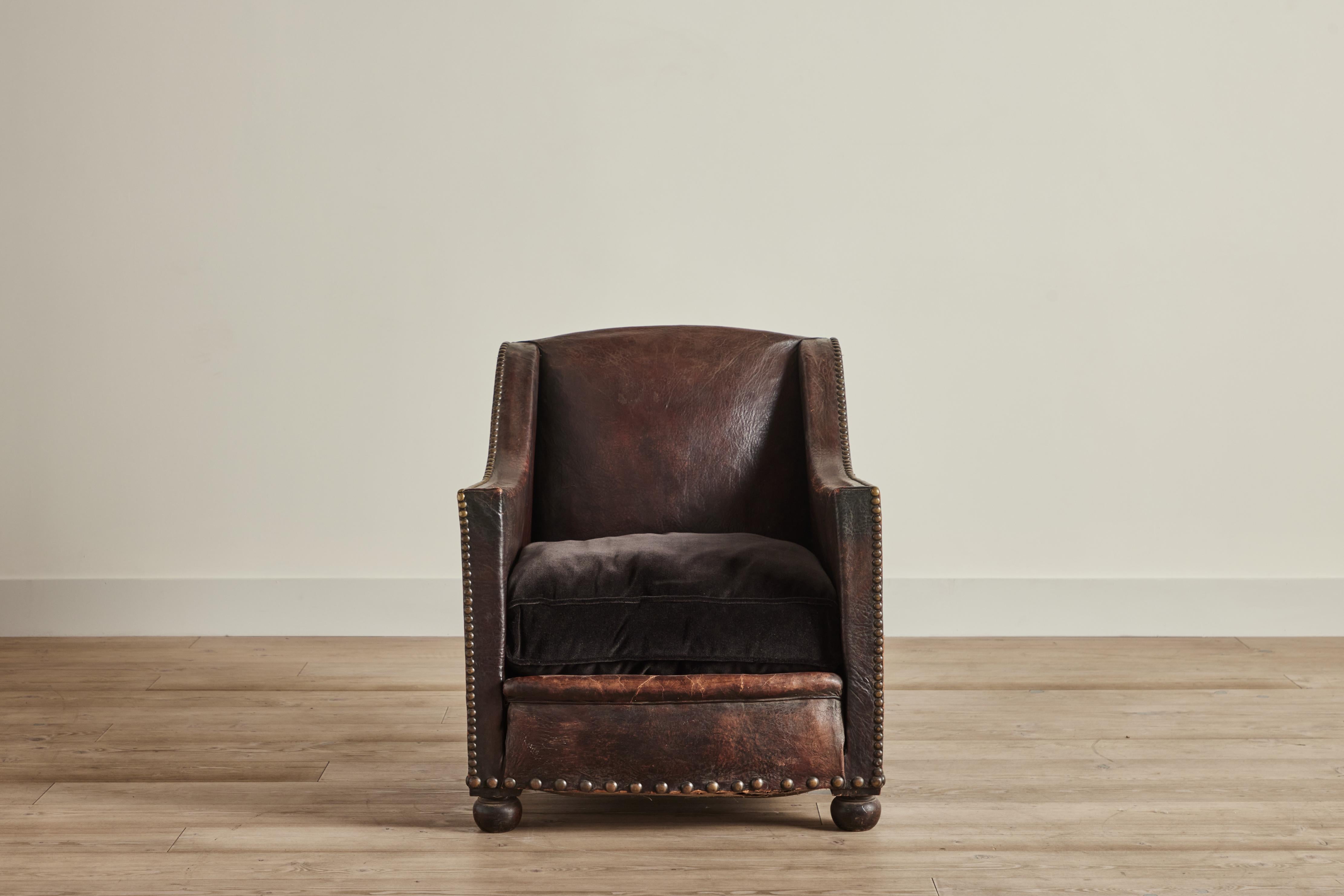 French Pair of Buffalo Leather Club Chairs