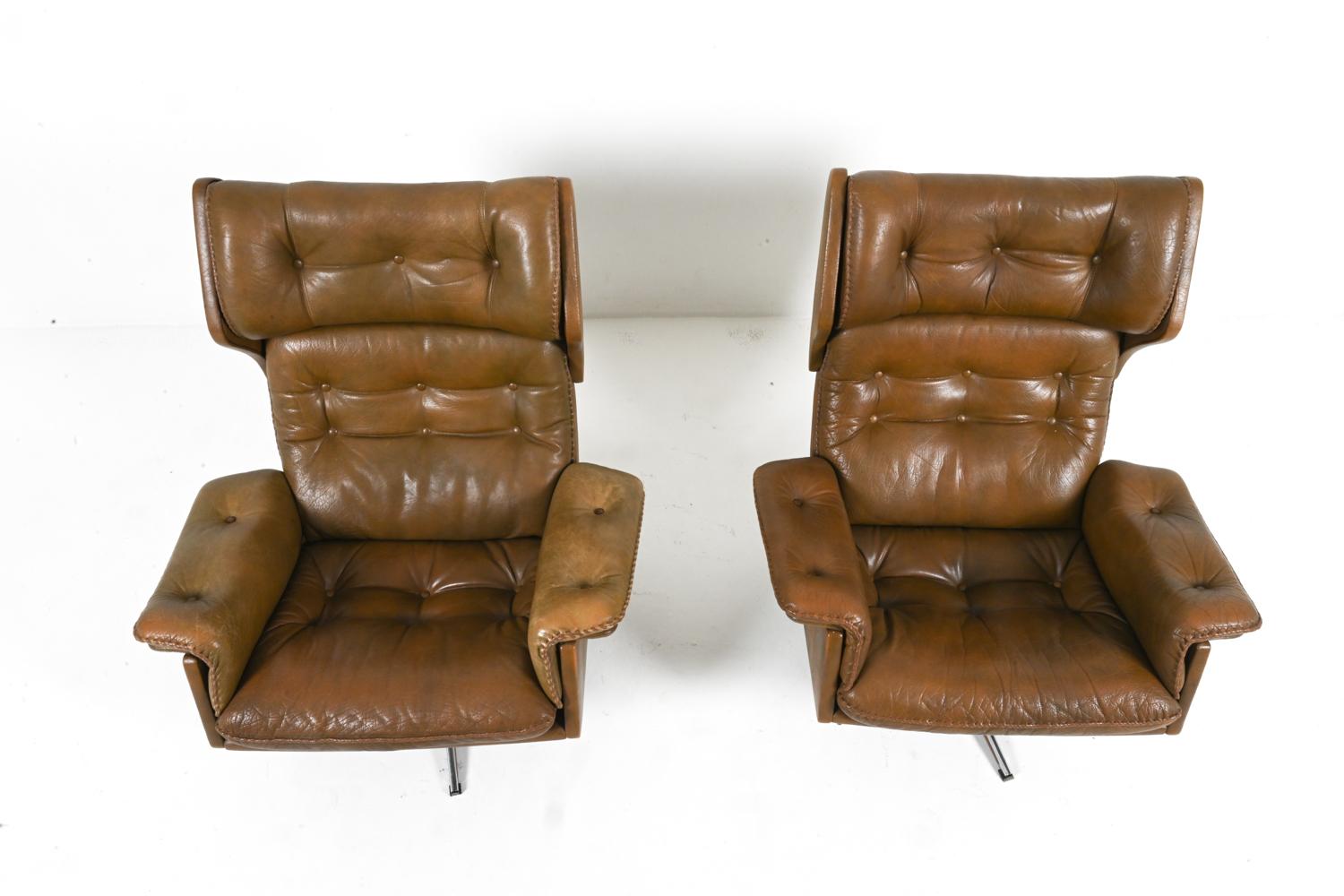 Pair of Buffalo Leather Swivel Chairs By Arne Norell, Swedish 1960's For Sale 13