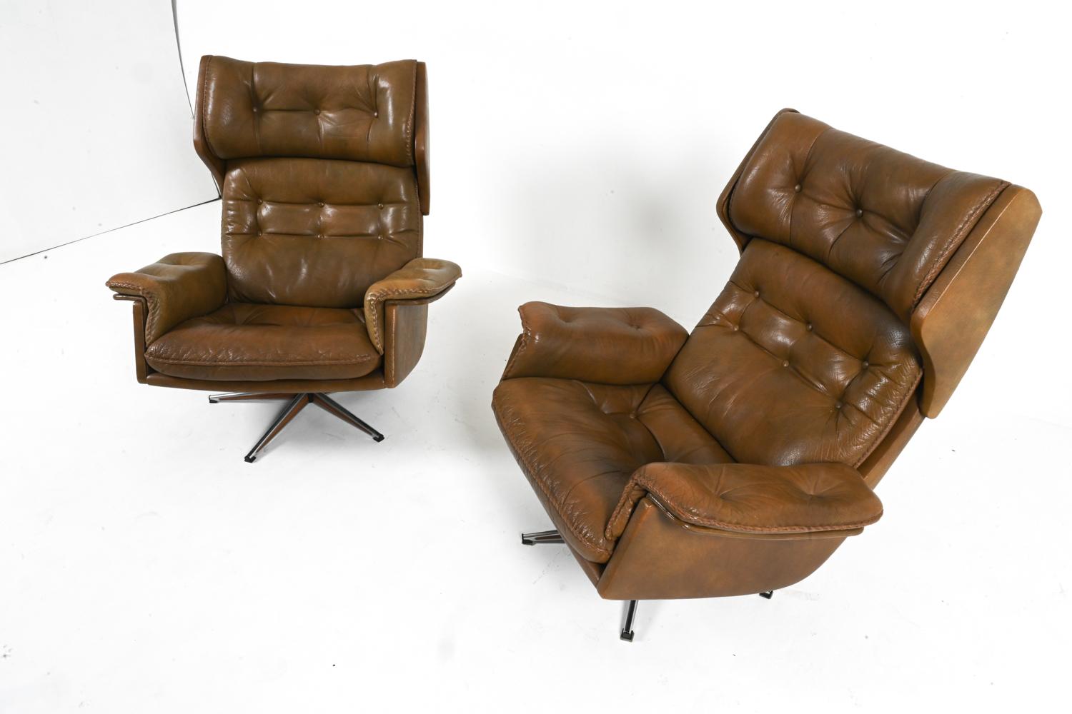 Pair of Buffalo Leather Swivel Chairs By Arne Norell, Swedish 1960's 14