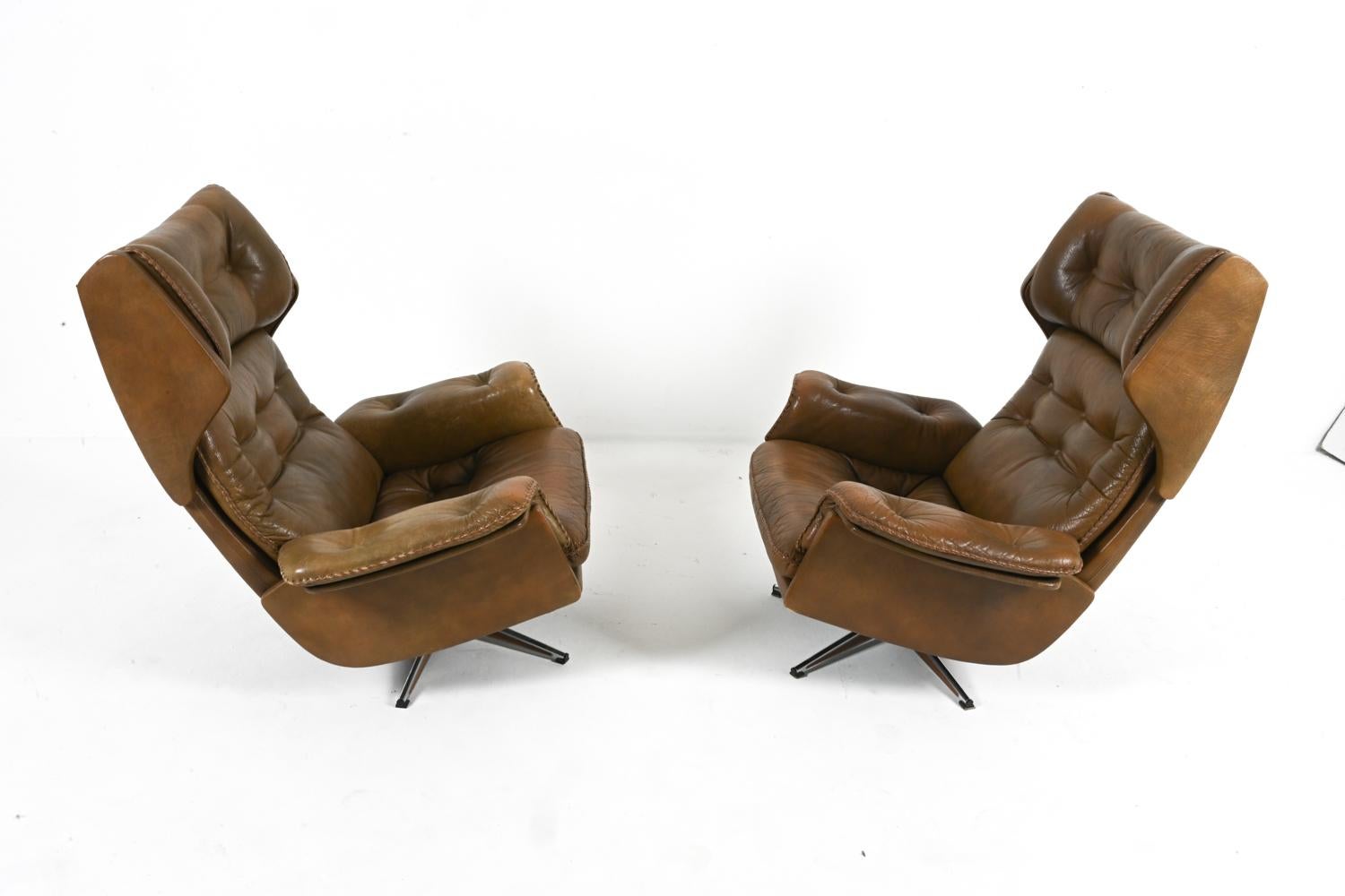 Pair of Buffalo Leather Swivel Chairs By Arne Norell, Swedish 1960's For Sale 1