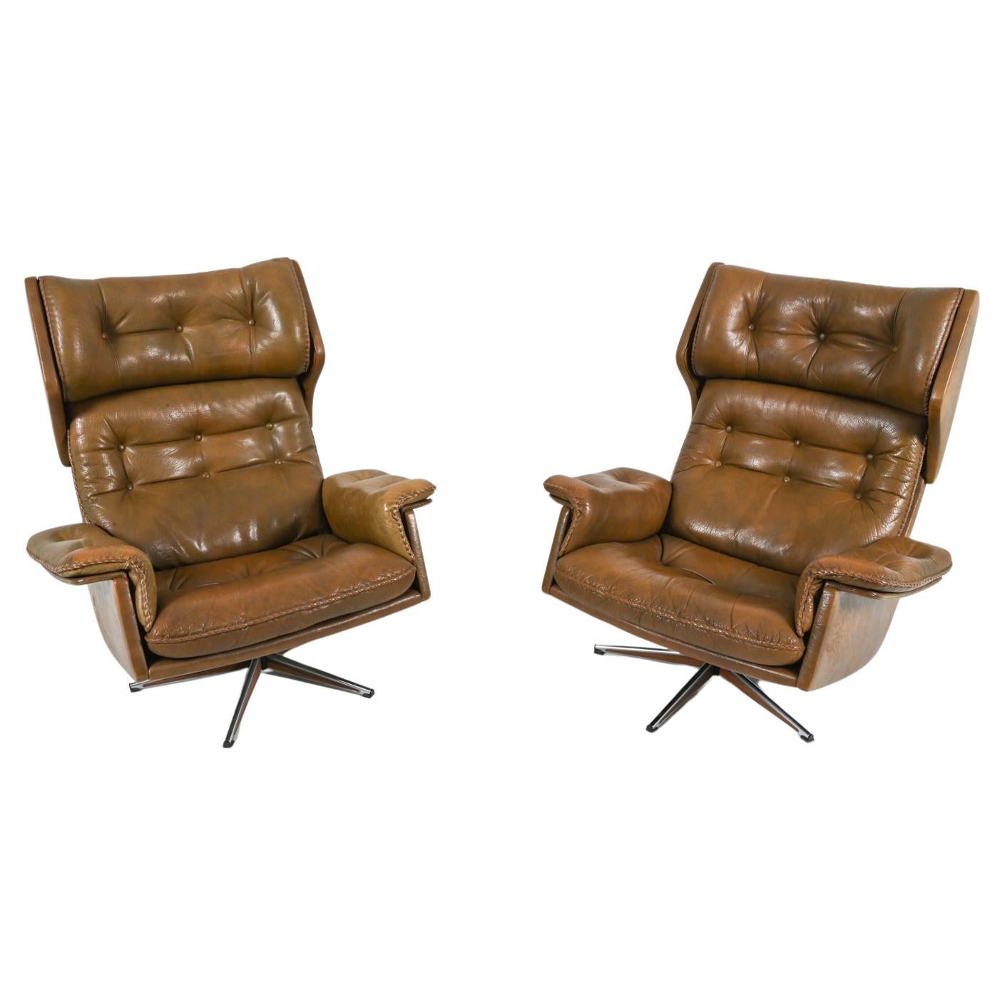 Pair of Buffalo Leather Swivel Chairs By Arne Norell, Swedish 1960's For Sale