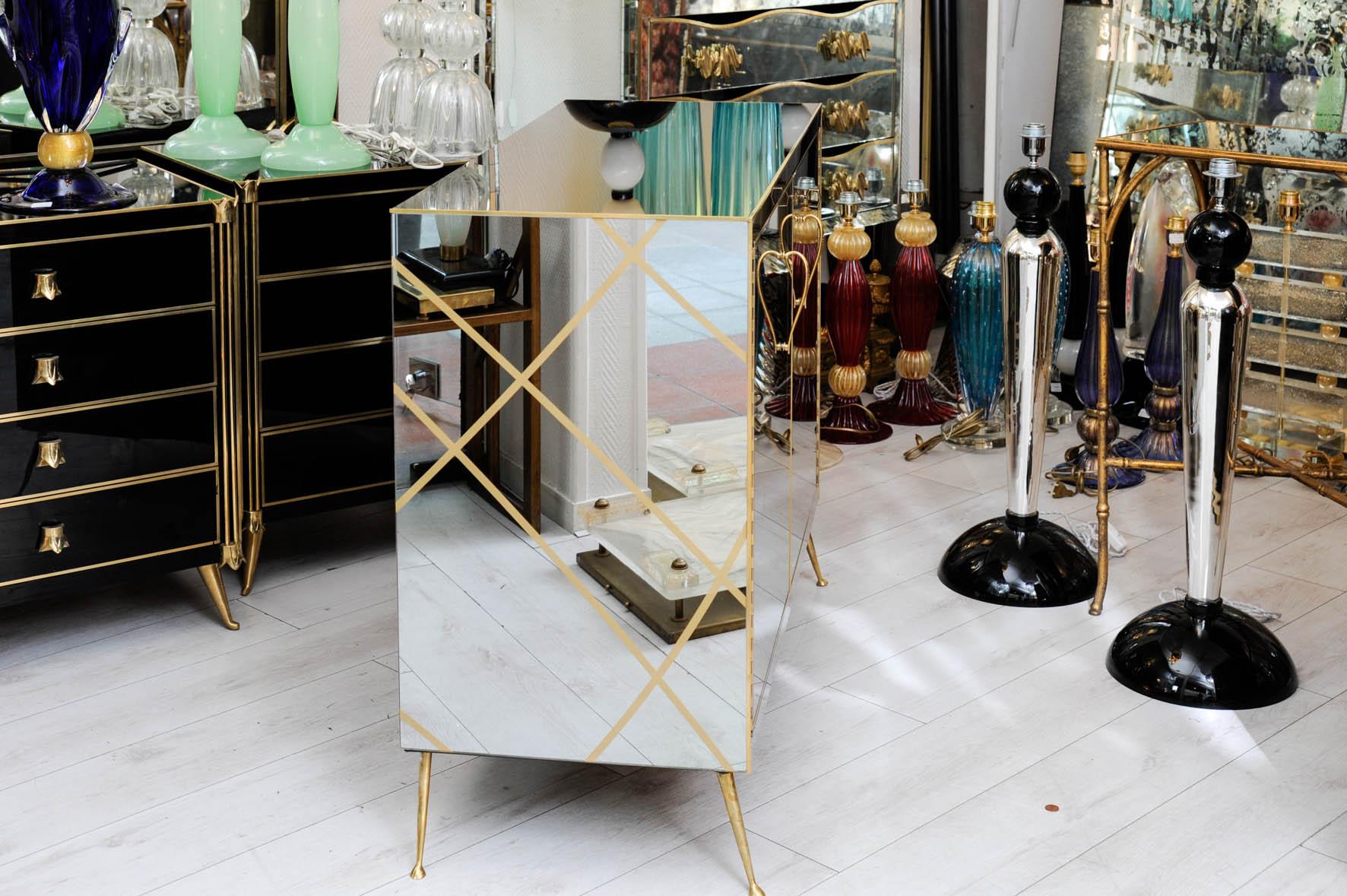 Brass Pair of Buffets All in Clear and Gold Mirror