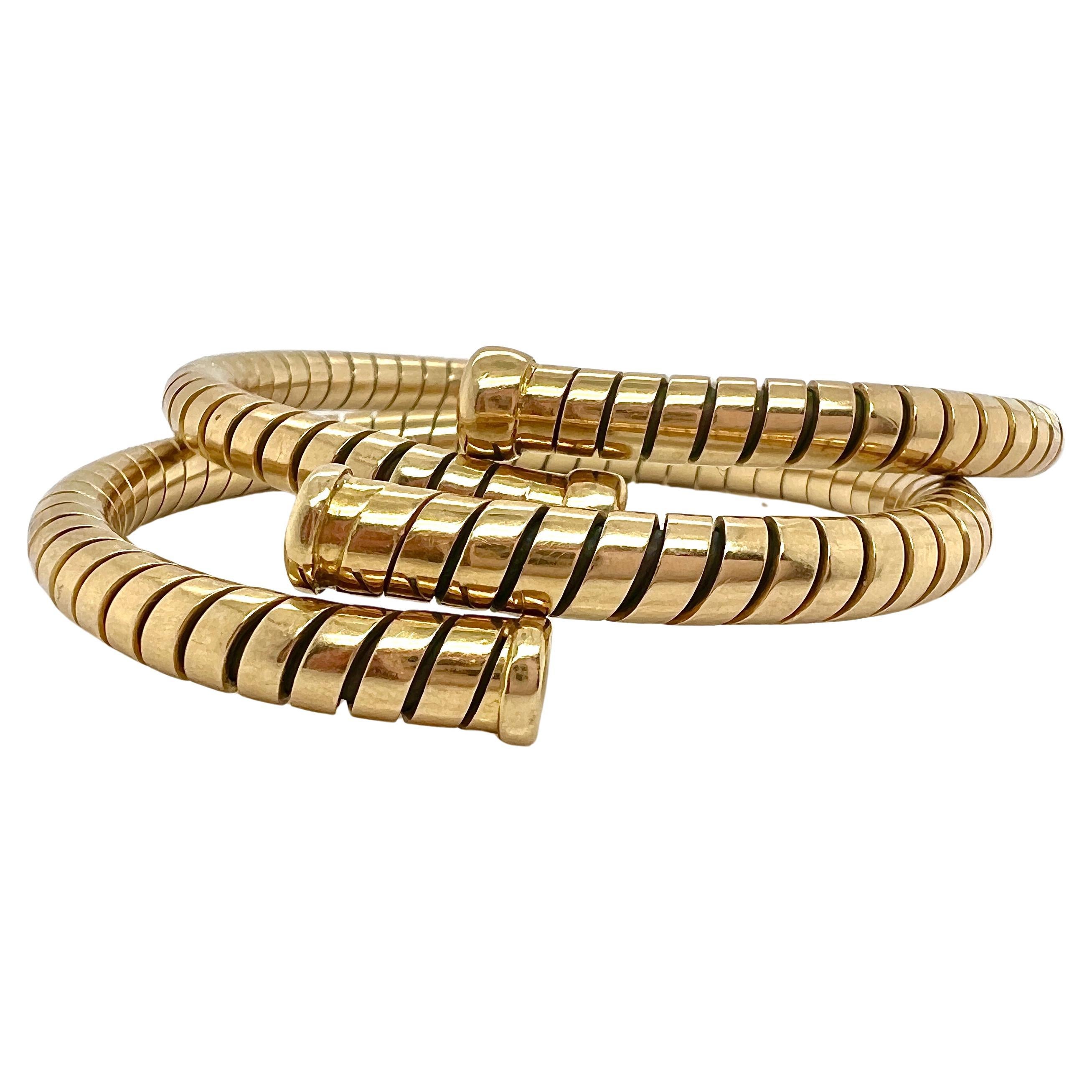 Pair of Bulgari Tubogas 18k Yellow Gold 3-Row Flexible 1980 Bracelet