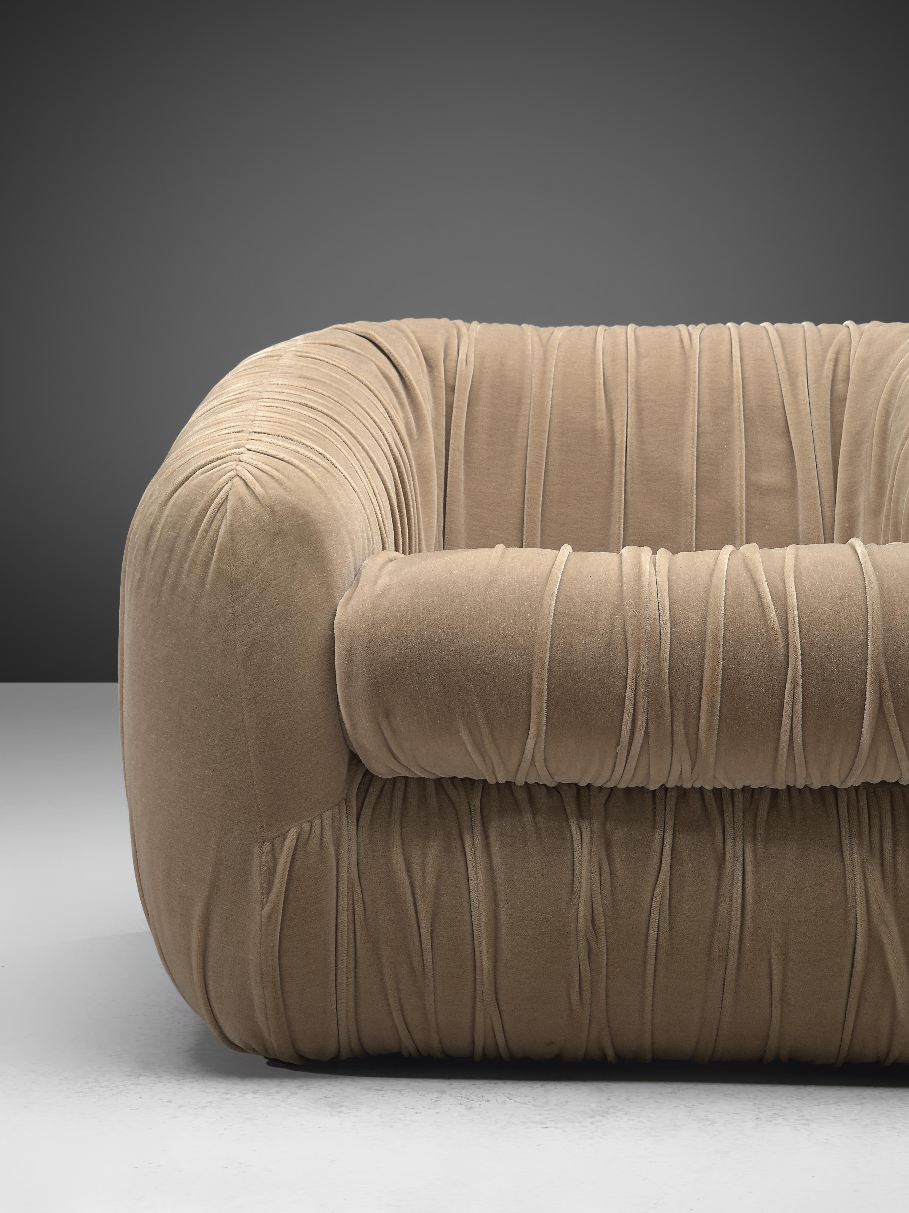 Post-Modern Pair of Bulky Airbone Lounge Chairs in Beige Velvet Upholstery 