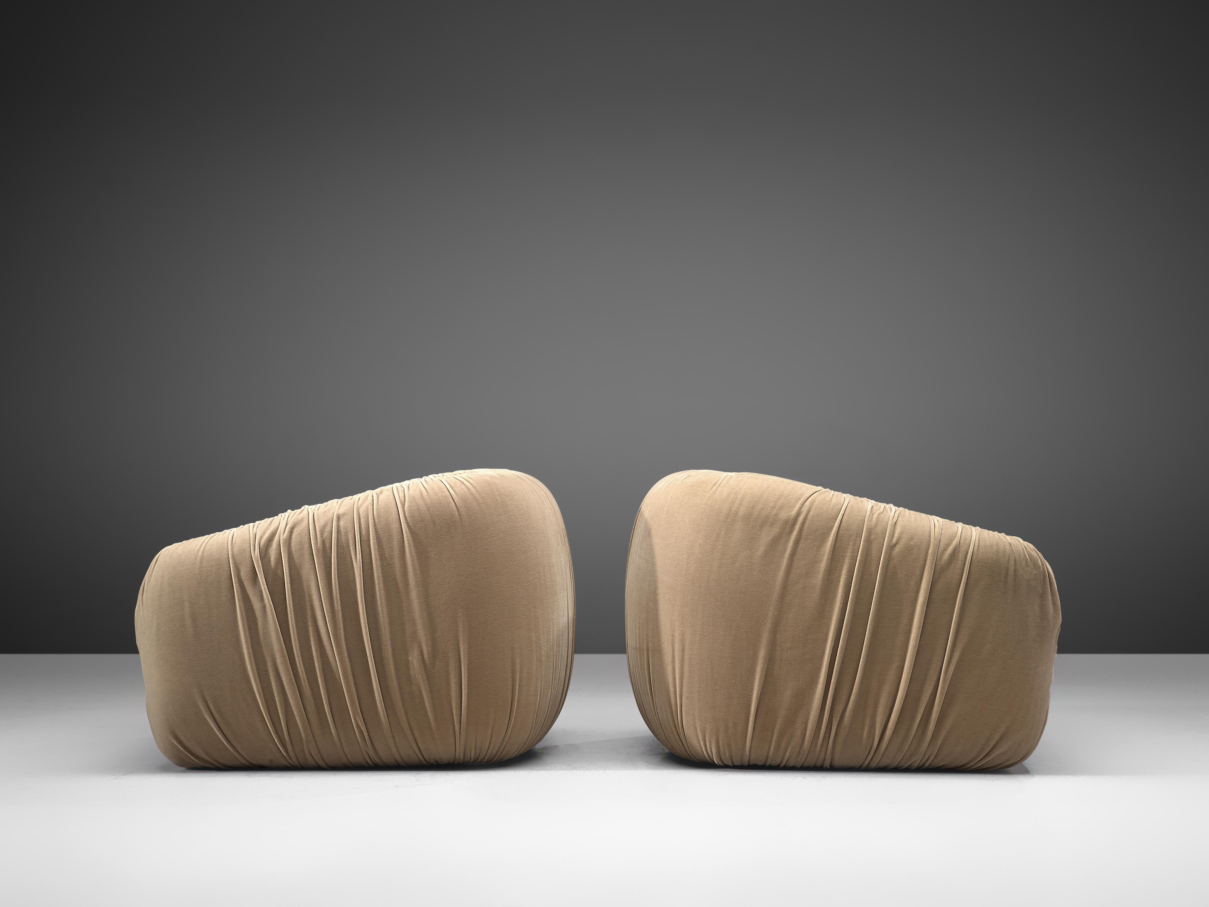 French Pair of Bulky Airbone Lounge Chairs in Beige Velvet Upholstery 