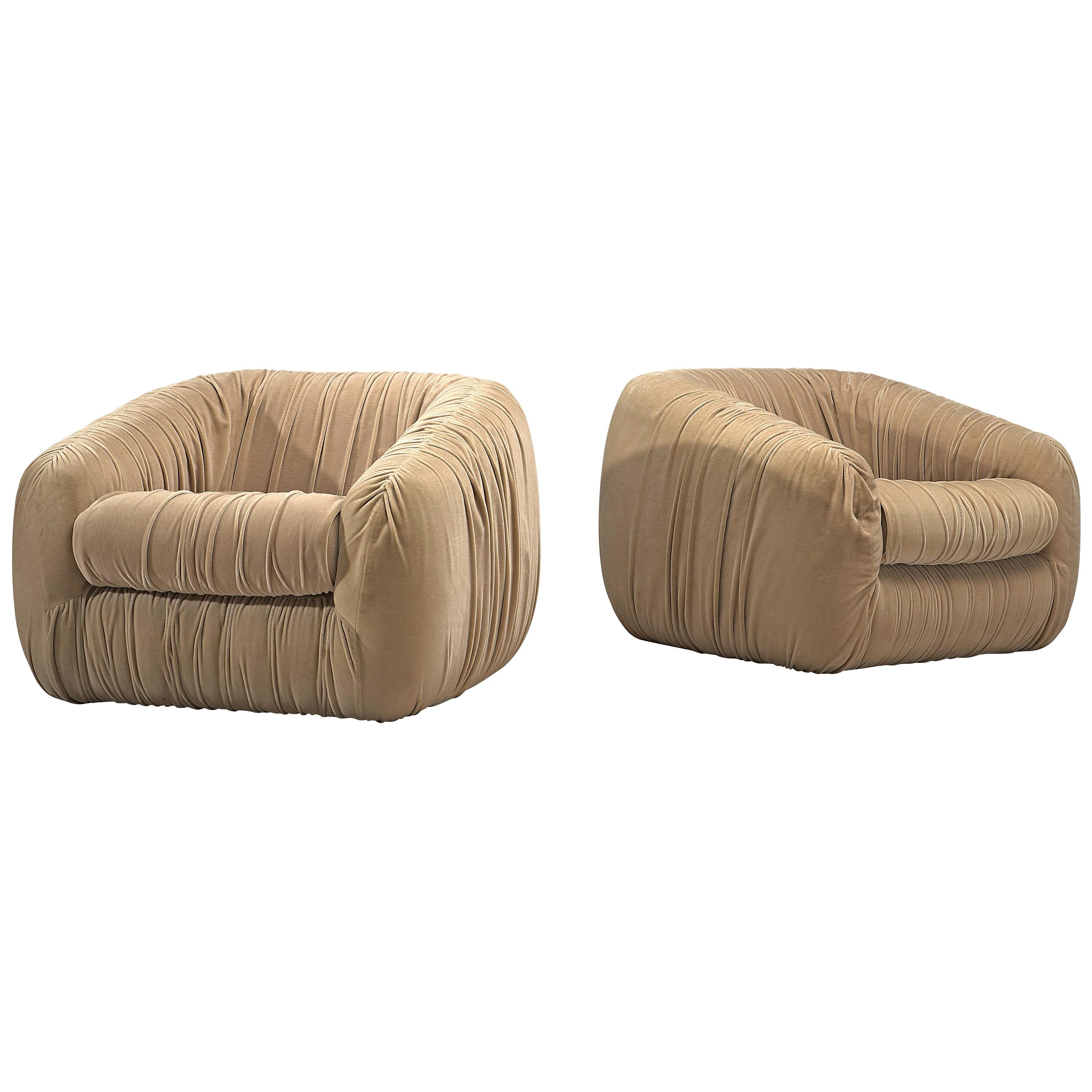 Pair of Bulky Airbone Lounge Chairs in Beige Velvet Upholstery 