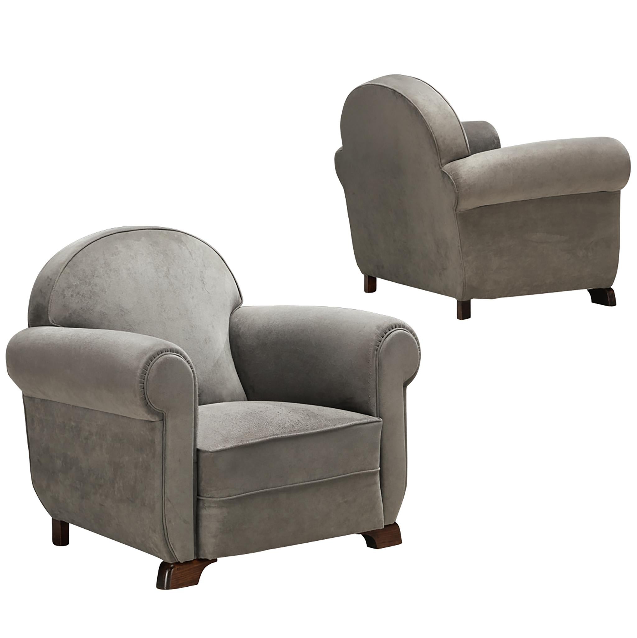 Pair of Bulky Mid-Century Lounge Chairs in Grey Alcantara