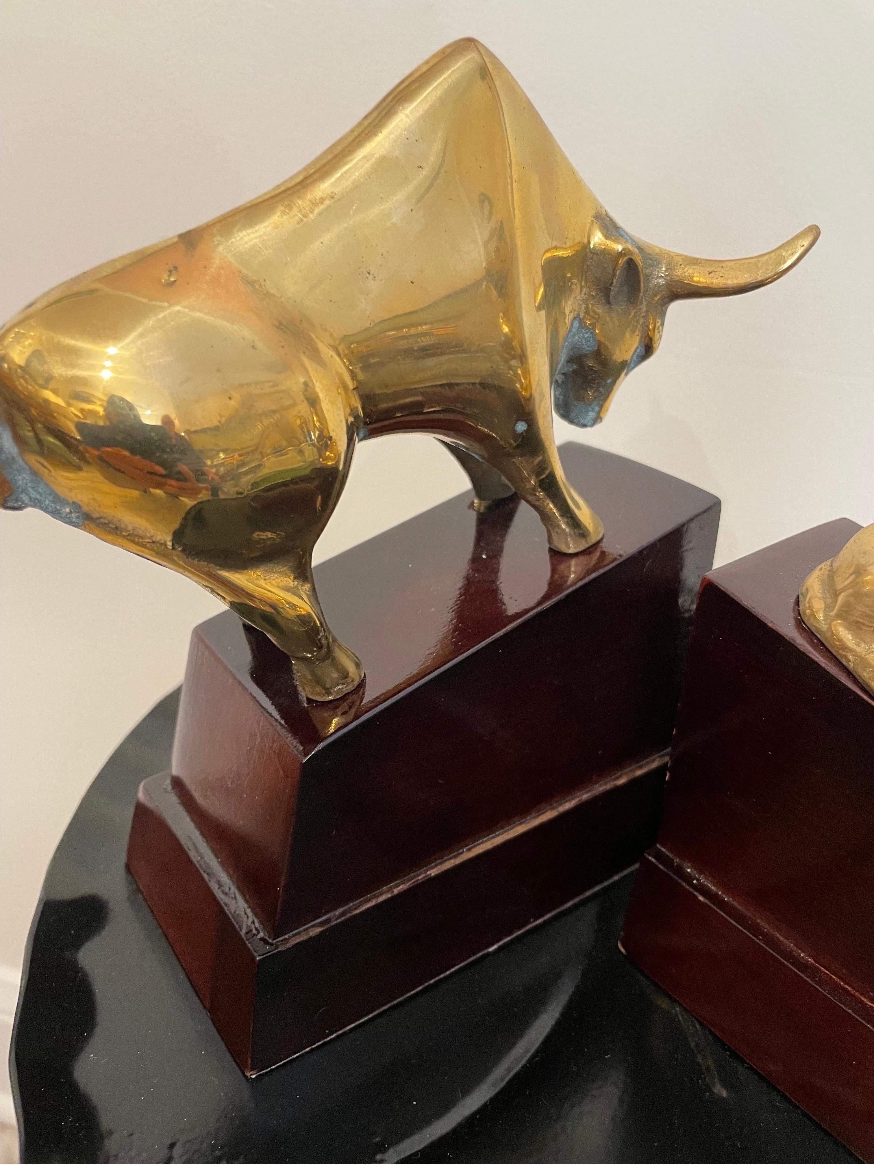 Pair of Bull & Bear Brass Bookends on Wood Bases For Sale 2