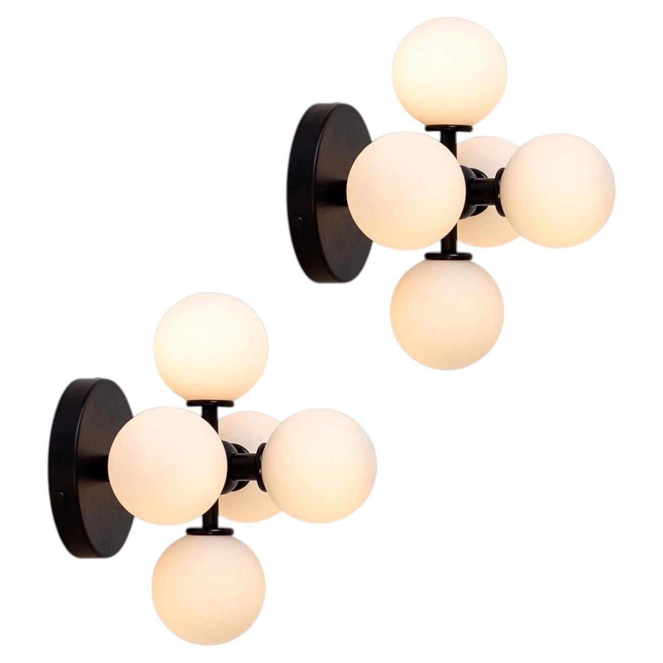 Pair of Bunch Sconces, Black, Research.Lighting, Wall Lamp, 3in Glass Globes