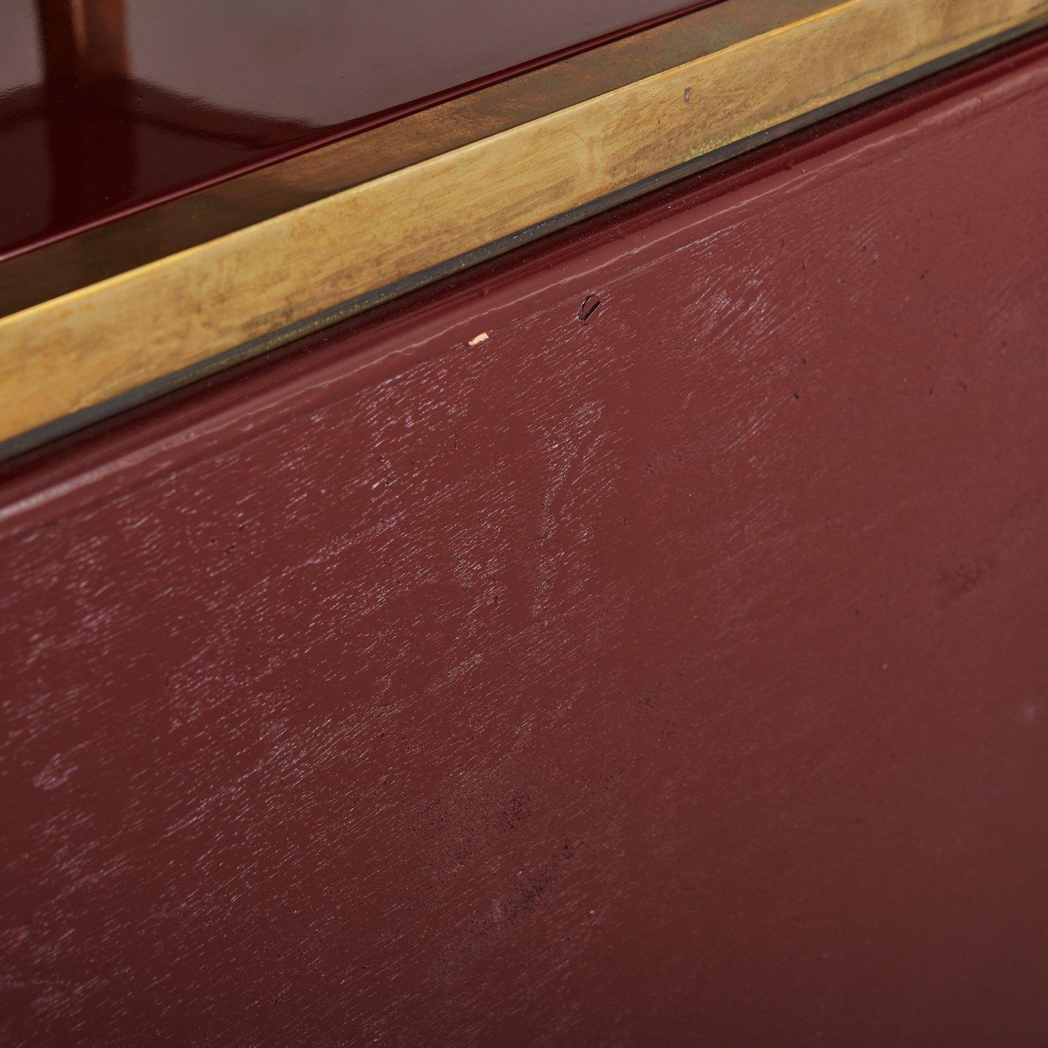 Pair of Burgundy Lacquer + Brass Side Tables, France 20th Century 5