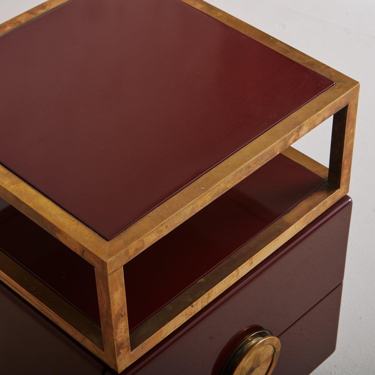 Pair of Burgundy Lacquer + Brass Side Tables, France 20th Century 6