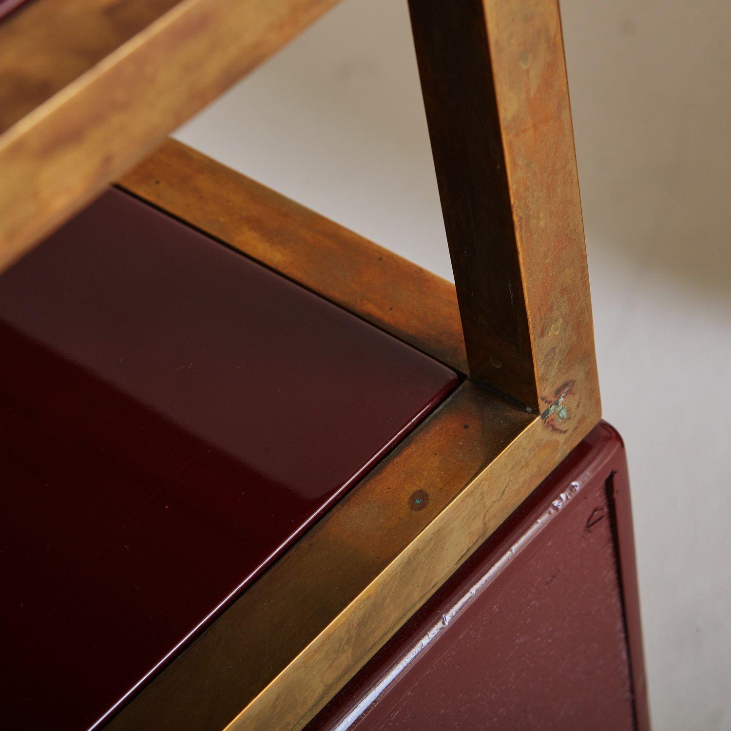 Pair of Burgundy Lacquer + Brass Side Tables, France 20th Century 8