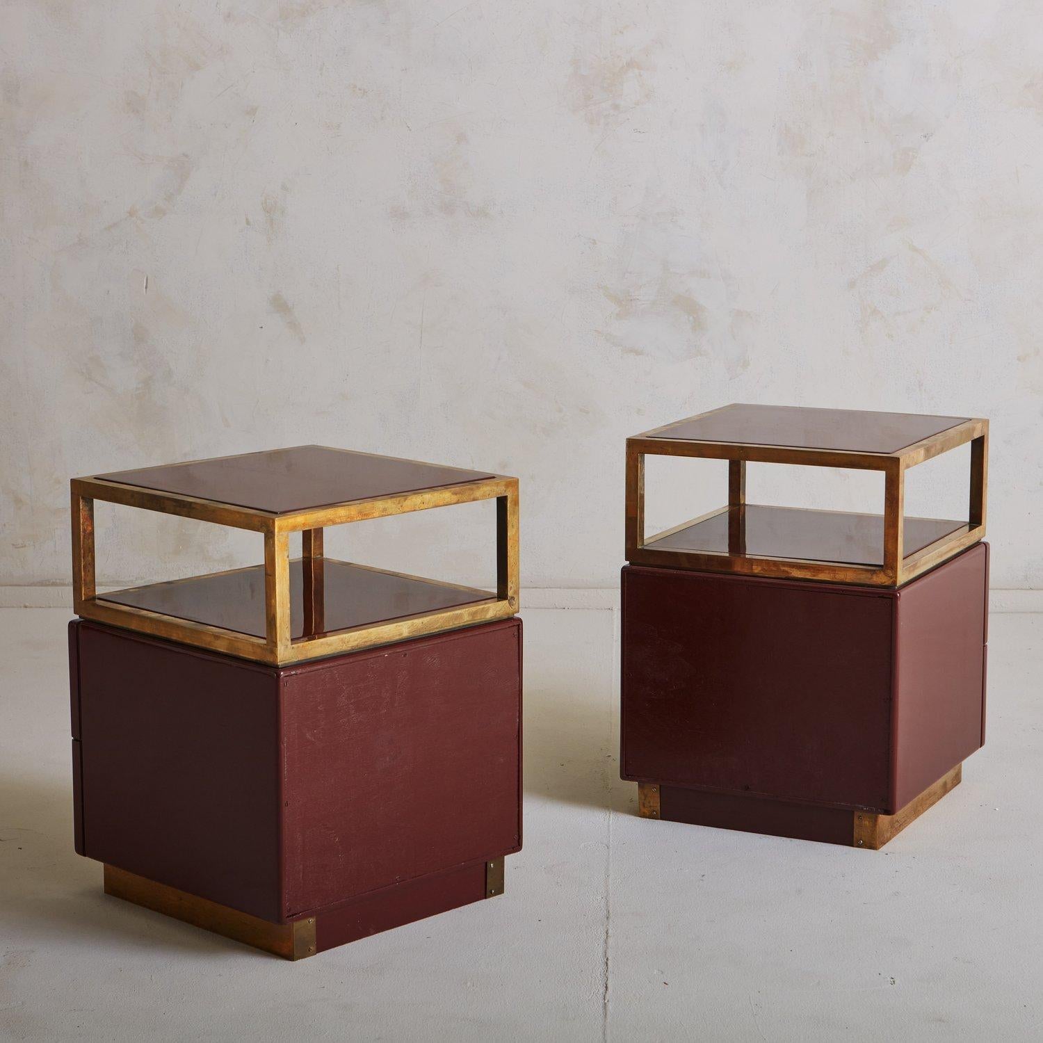 Mid-Century Modern Pair of Burgundy Lacquer + Brass Side Tables, France 20th Century