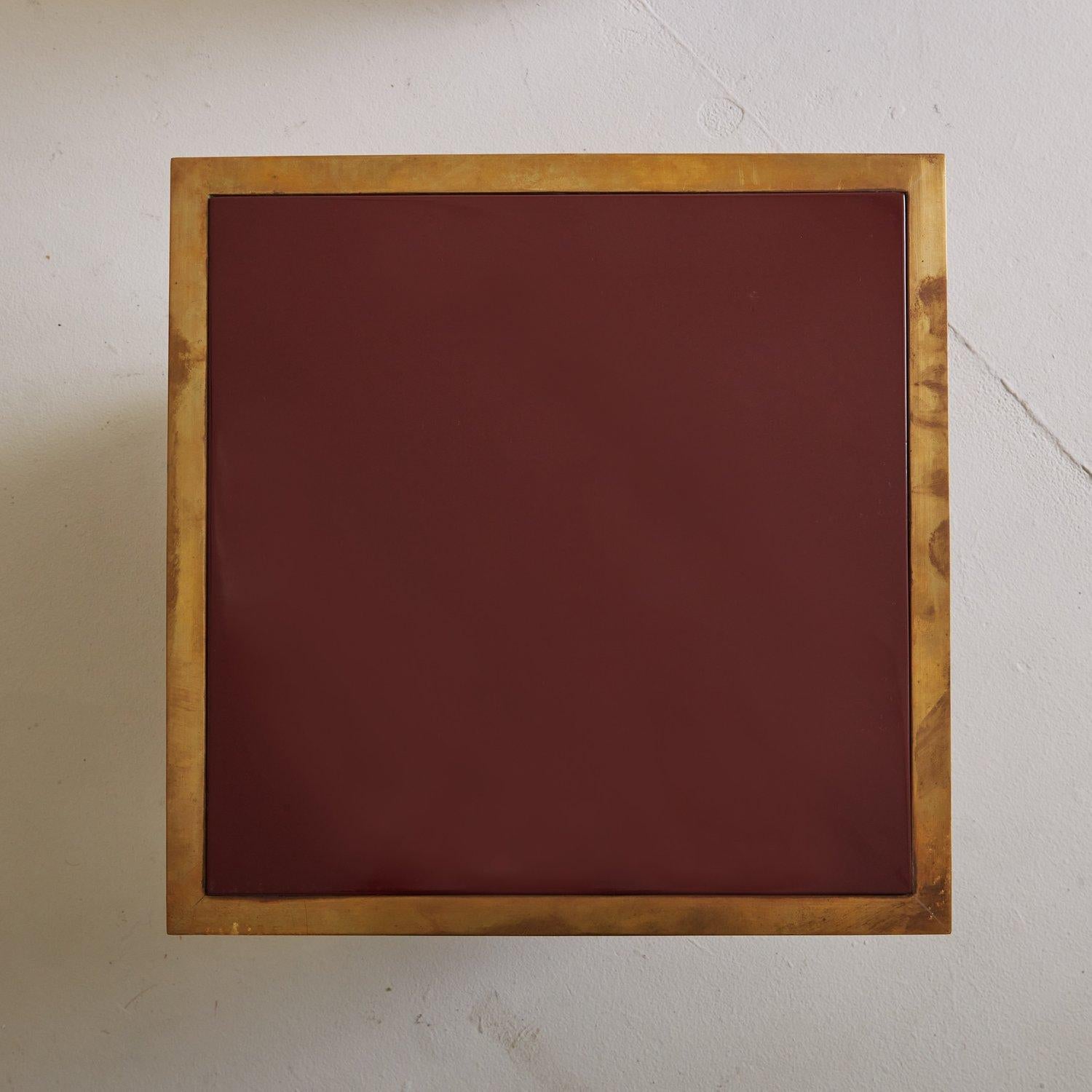 French Pair of Burgundy Lacquer + Brass Side Tables, France 20th Century