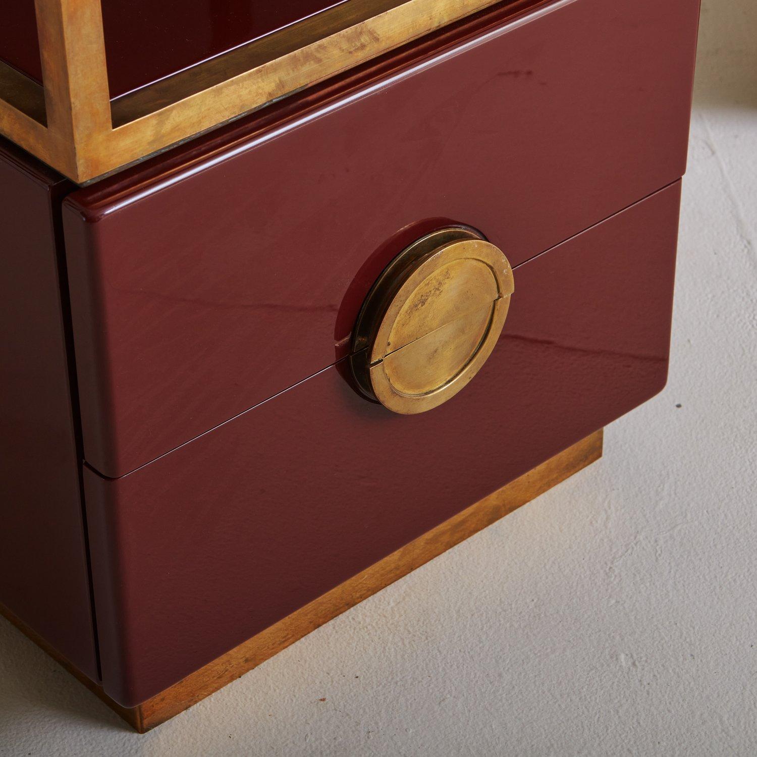 Pair of Burgundy Lacquer + Brass Side Tables, France 20th Century In Good Condition In Chicago, IL