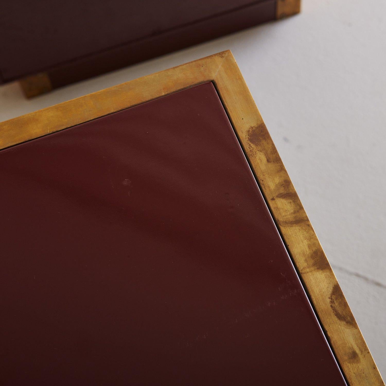 Pair of Burgundy Lacquer + Brass Side Tables, France 20th Century 3