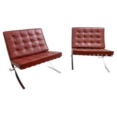 Pair of Burgundy Leather Barcelona Chairs by Mies Van Der Rohe for Knoll, 1990s