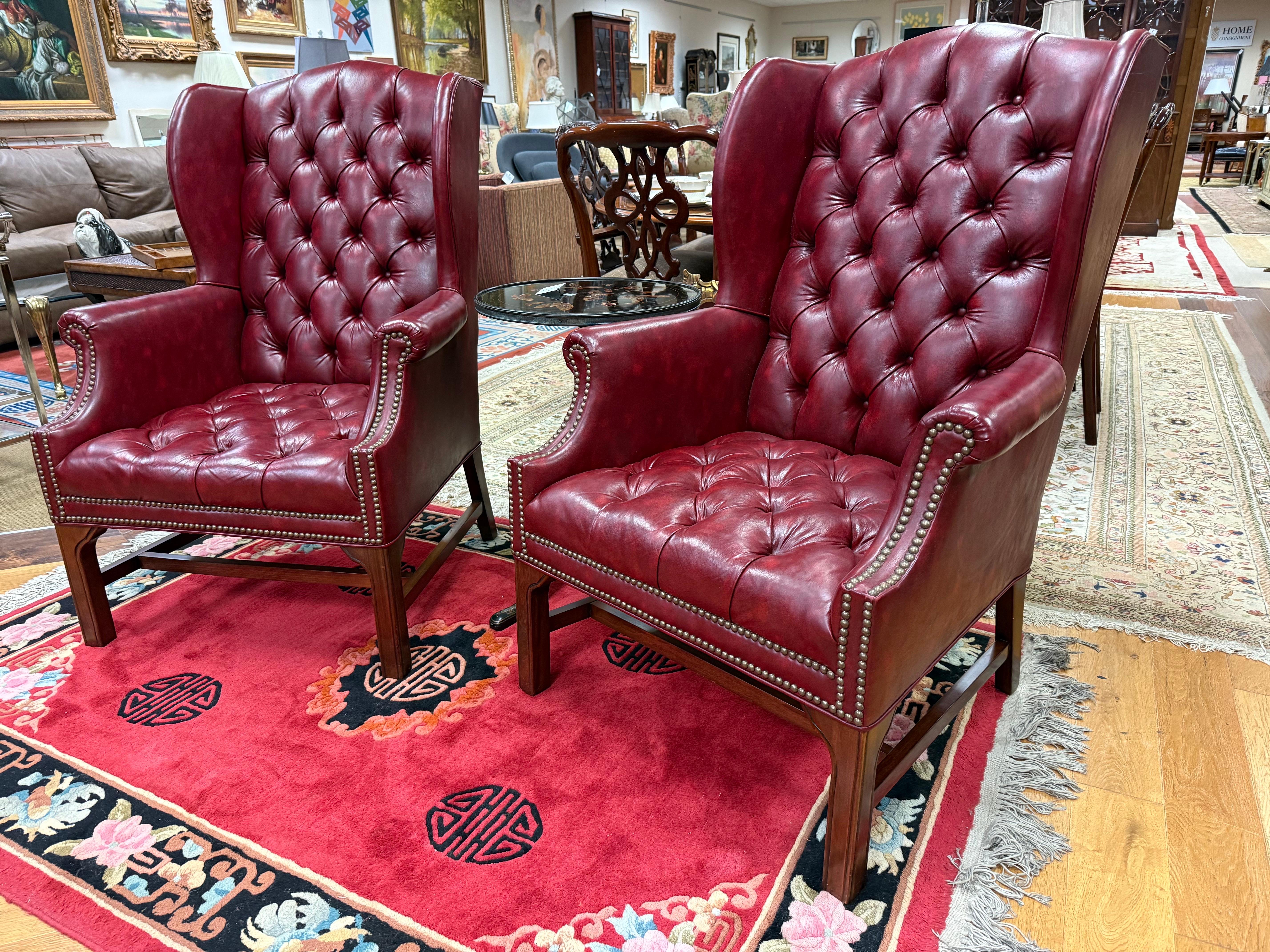 Pair of Burgundy Merlot Chesterfield Naugahyde Nailhead Wingback Chairs 4