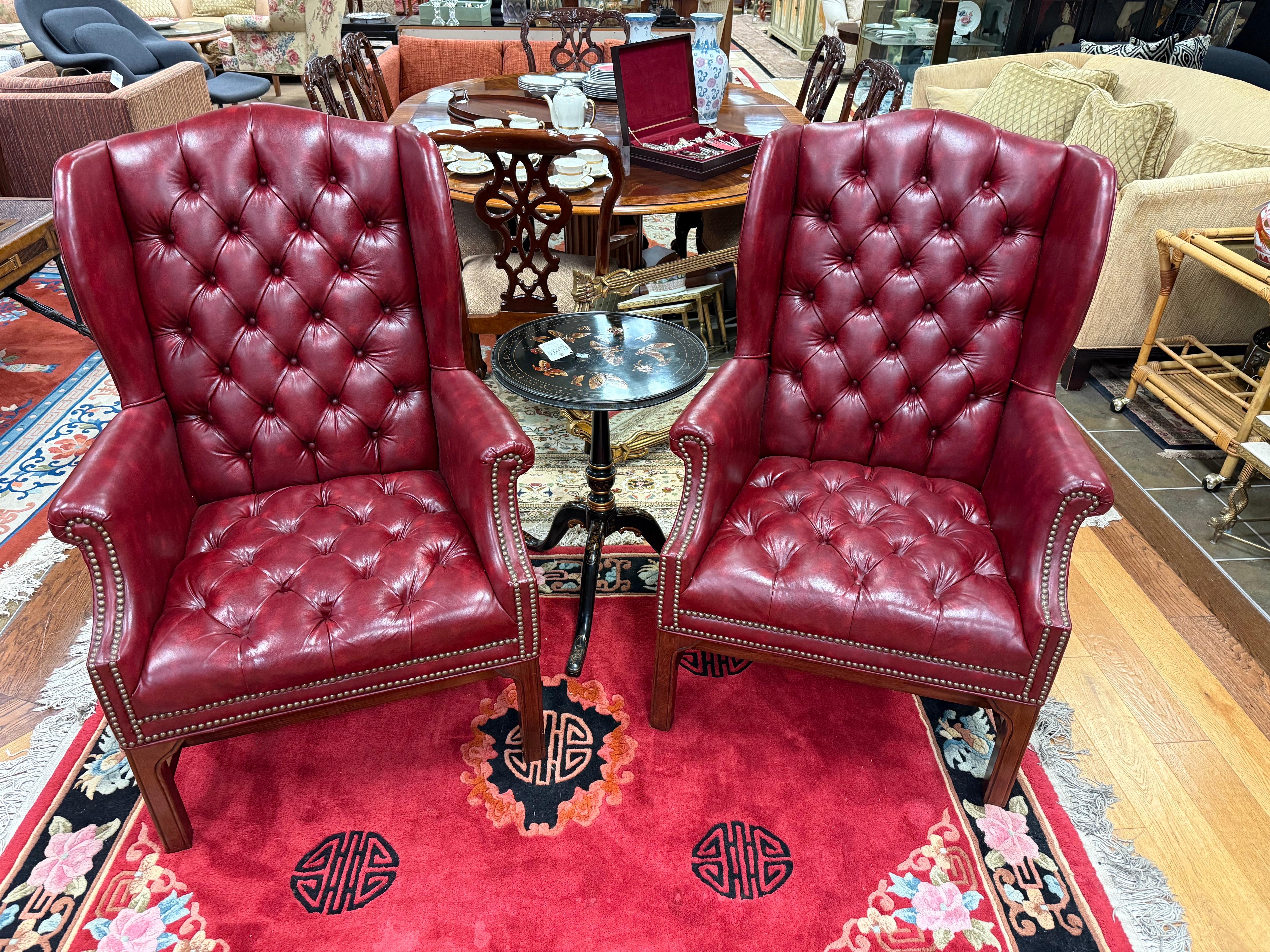 Pair of Burgundy Merlot Chesterfield Naugahyde Nailhead Wingback Chairs 5