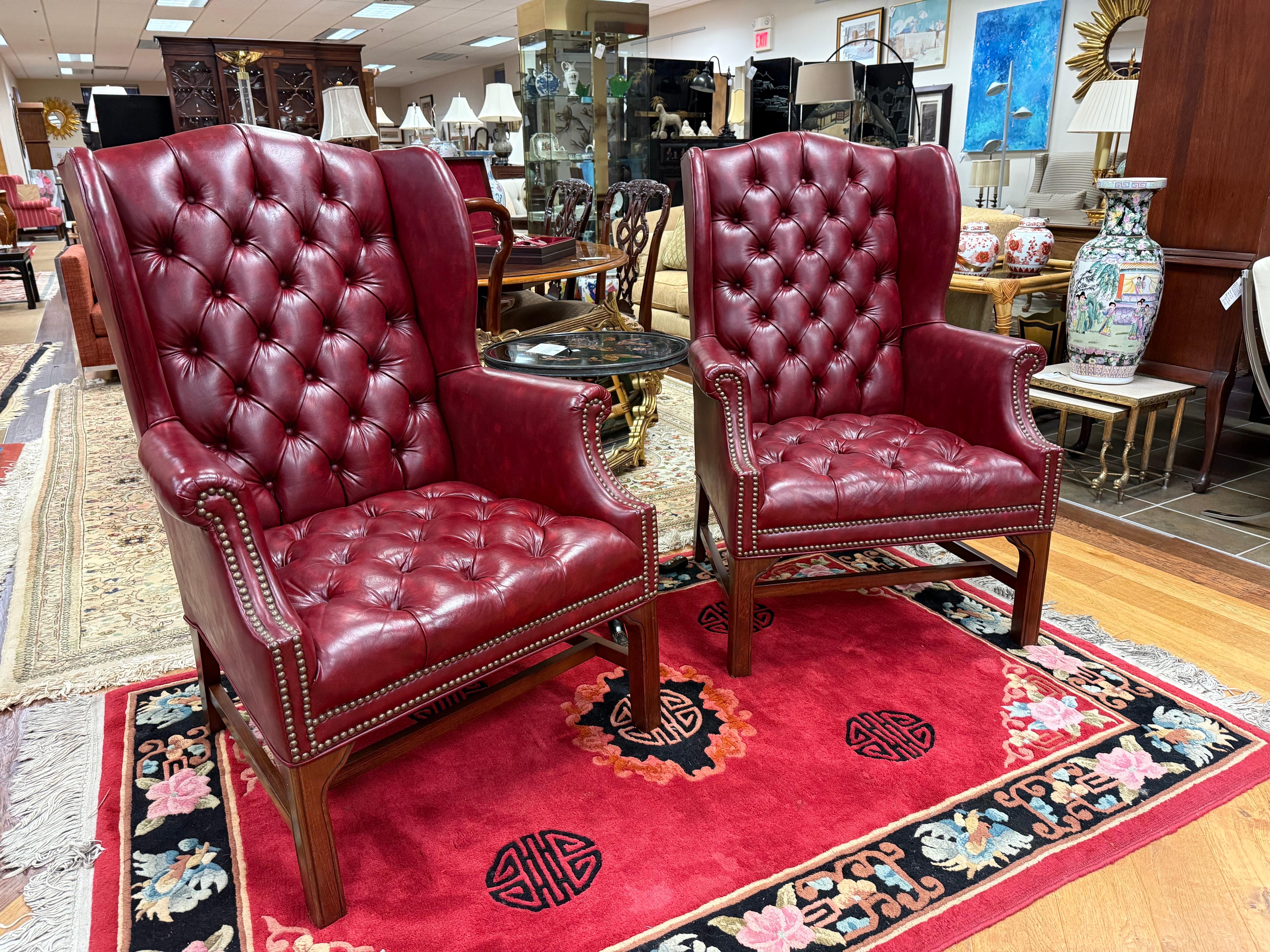 Pair of Burgundy Merlot Chesterfield Naugahyde Nailhead Wingback Chairs 6