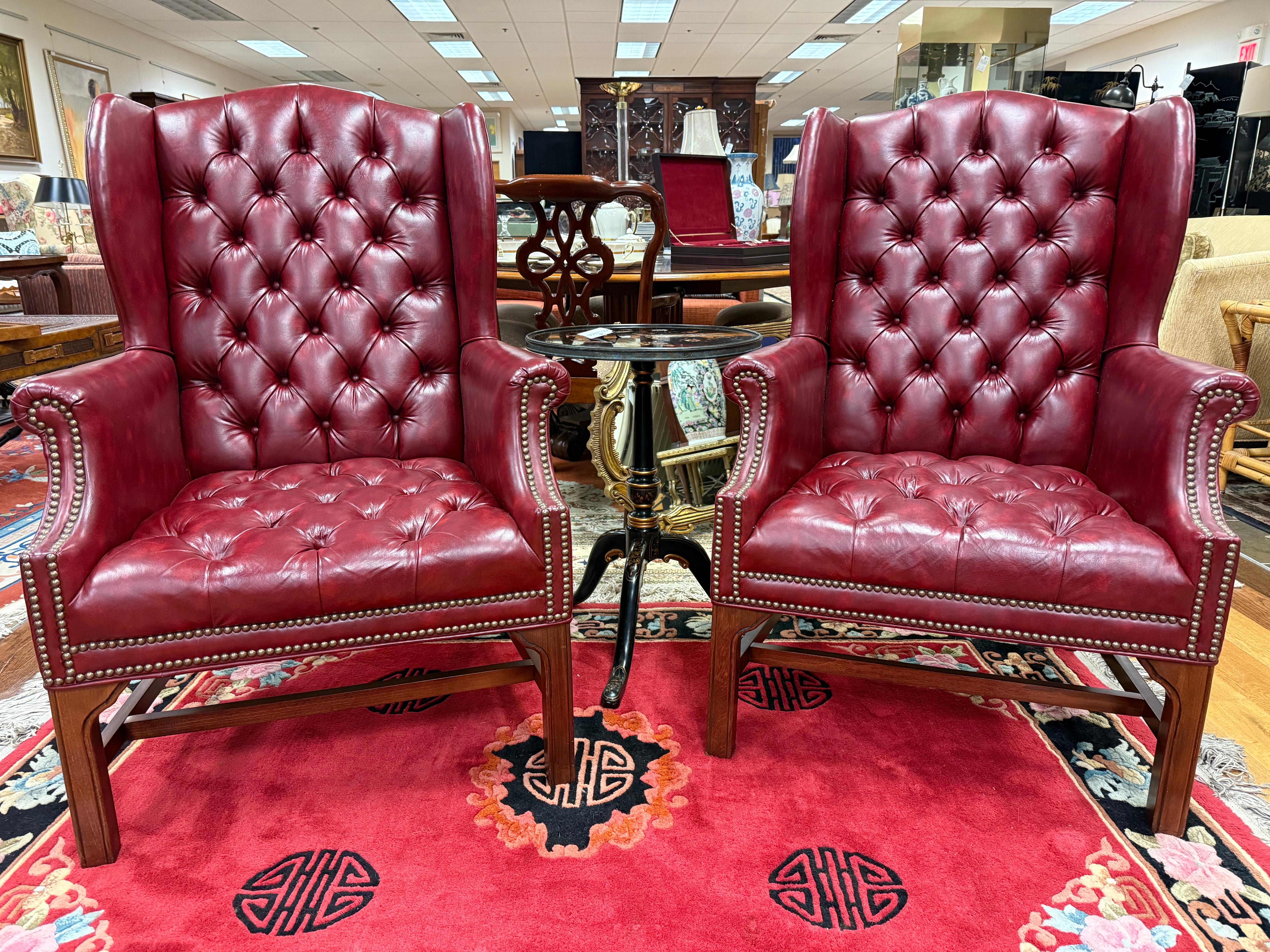 Pair of Burgundy Merlot Chesterfield Naugahyde Nailhead Wingback Chairs 7