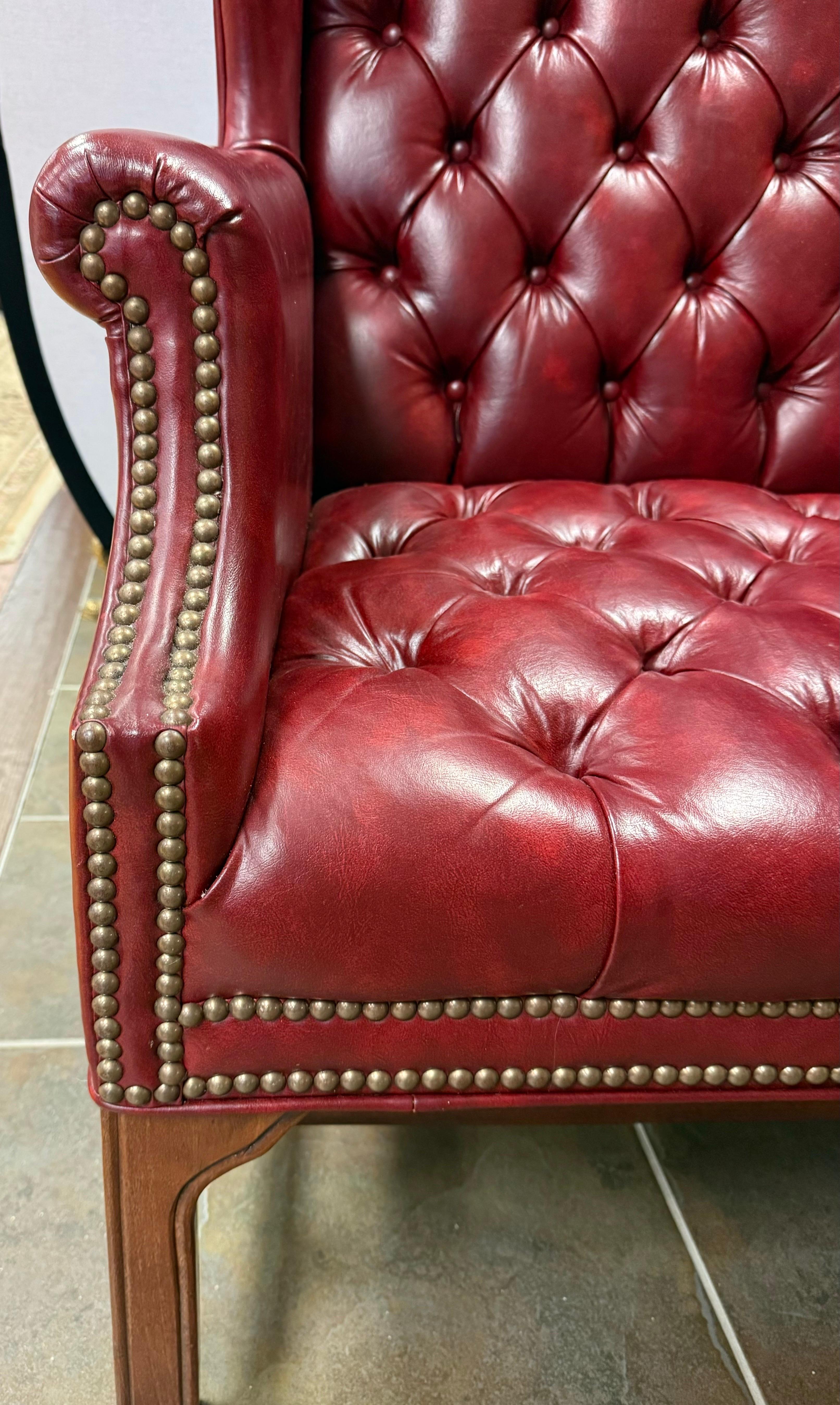 American Pair of Burgundy Merlot Chesterfield Naugahyde Nailhead Wingback Chairs