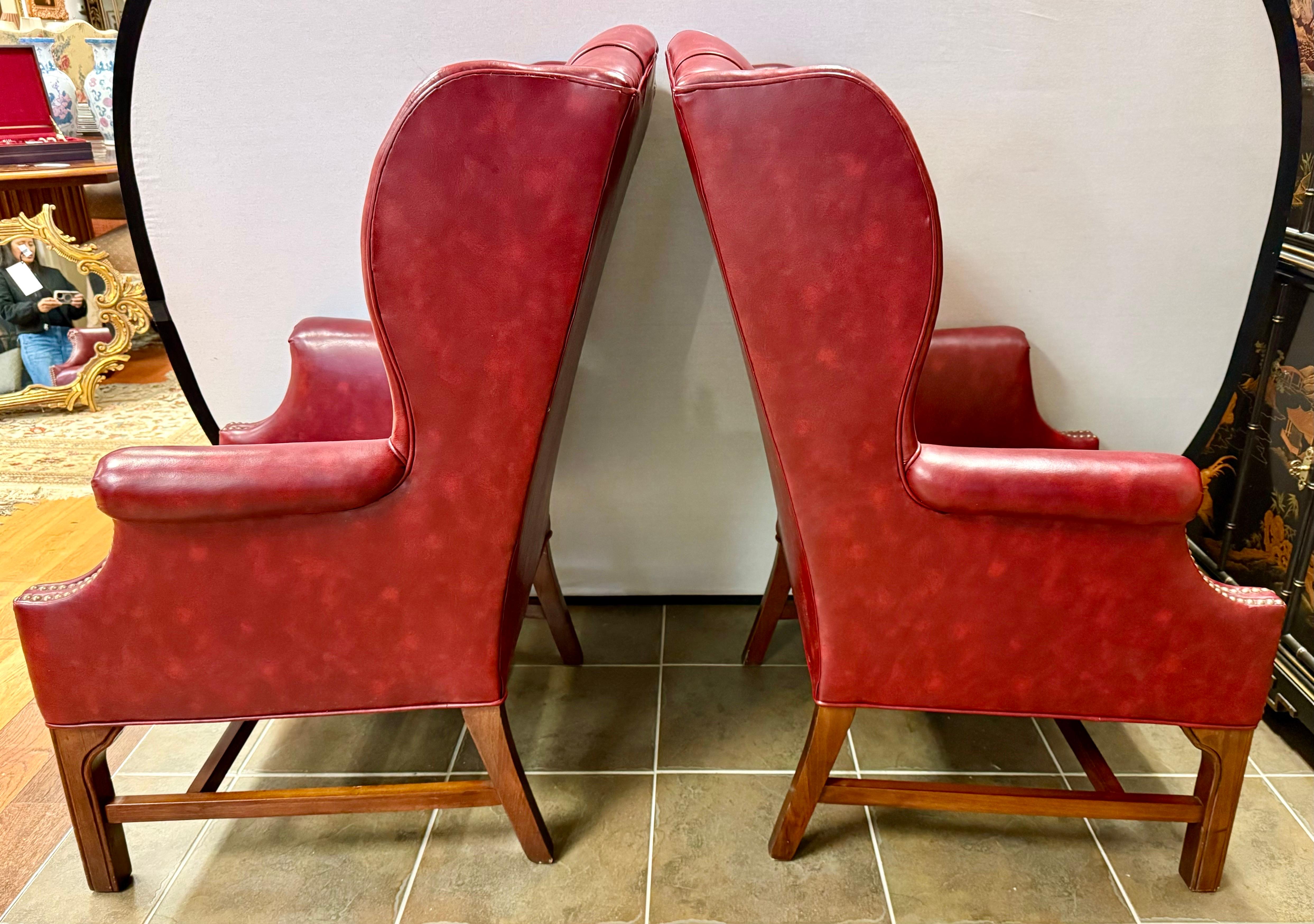 Pair of Burgundy Merlot Chesterfield Naugahyde Nailhead Wingback Chairs In Good Condition In West Hartford, CT