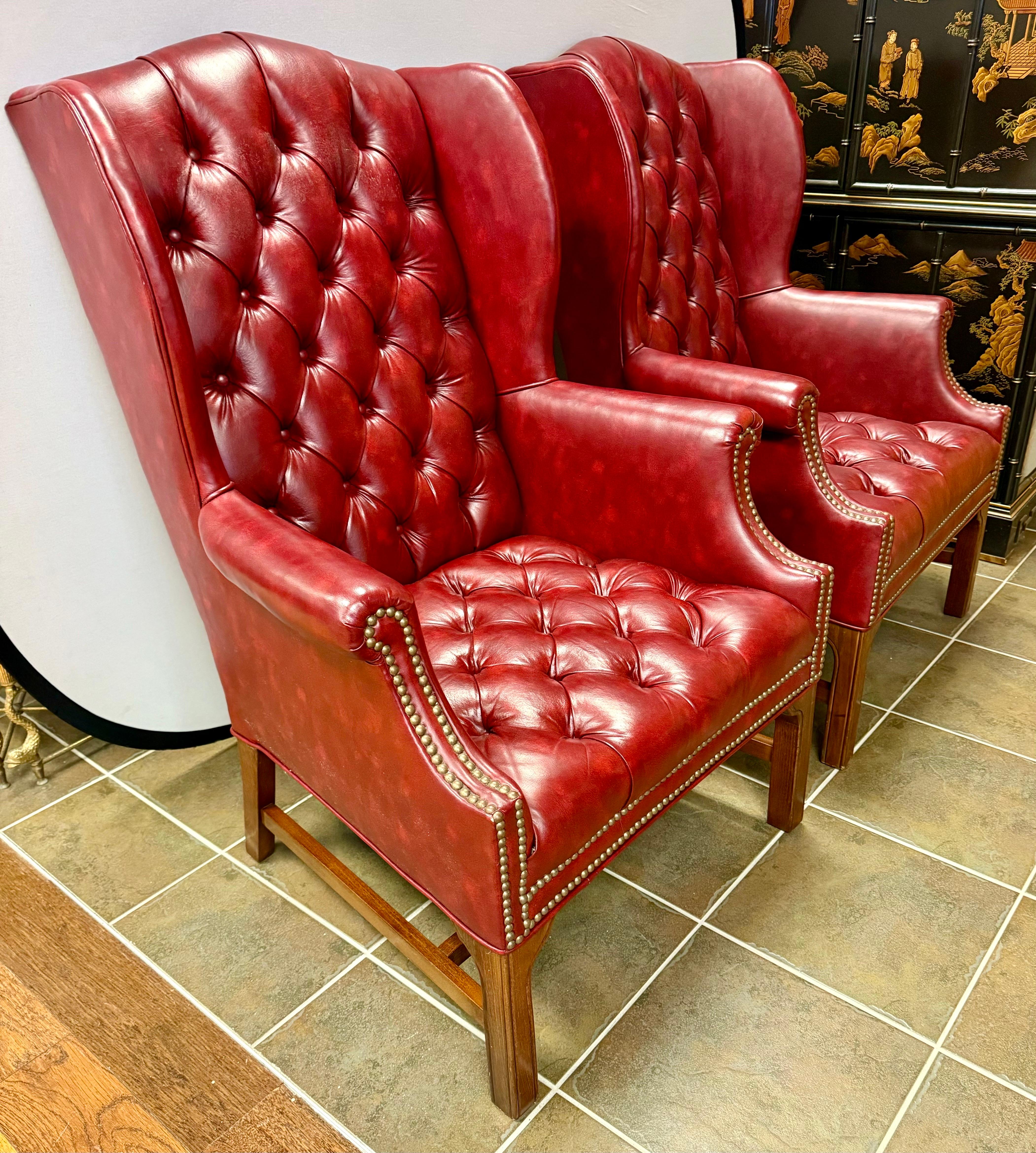 20th Century Pair of Burgundy Merlot Chesterfield Naugahyde Nailhead Wingback Chairs